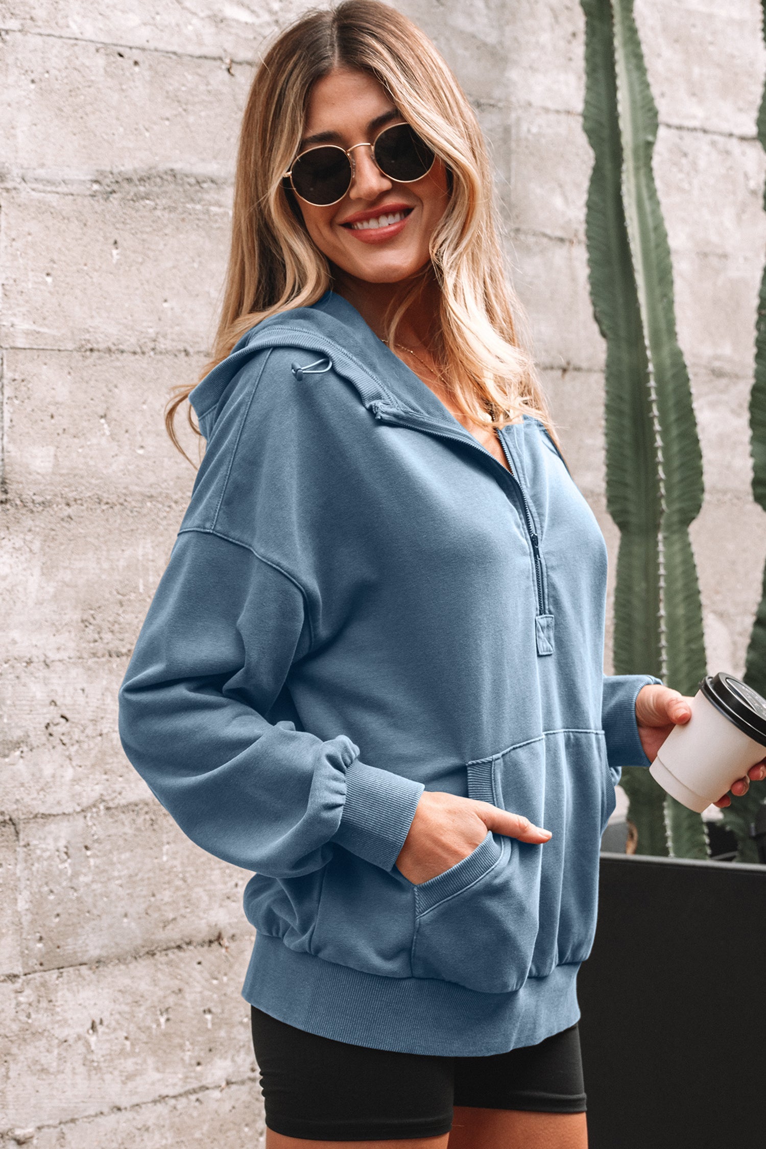 Solid Half-Zip Kangaroo Pocket Baggy Hoodie