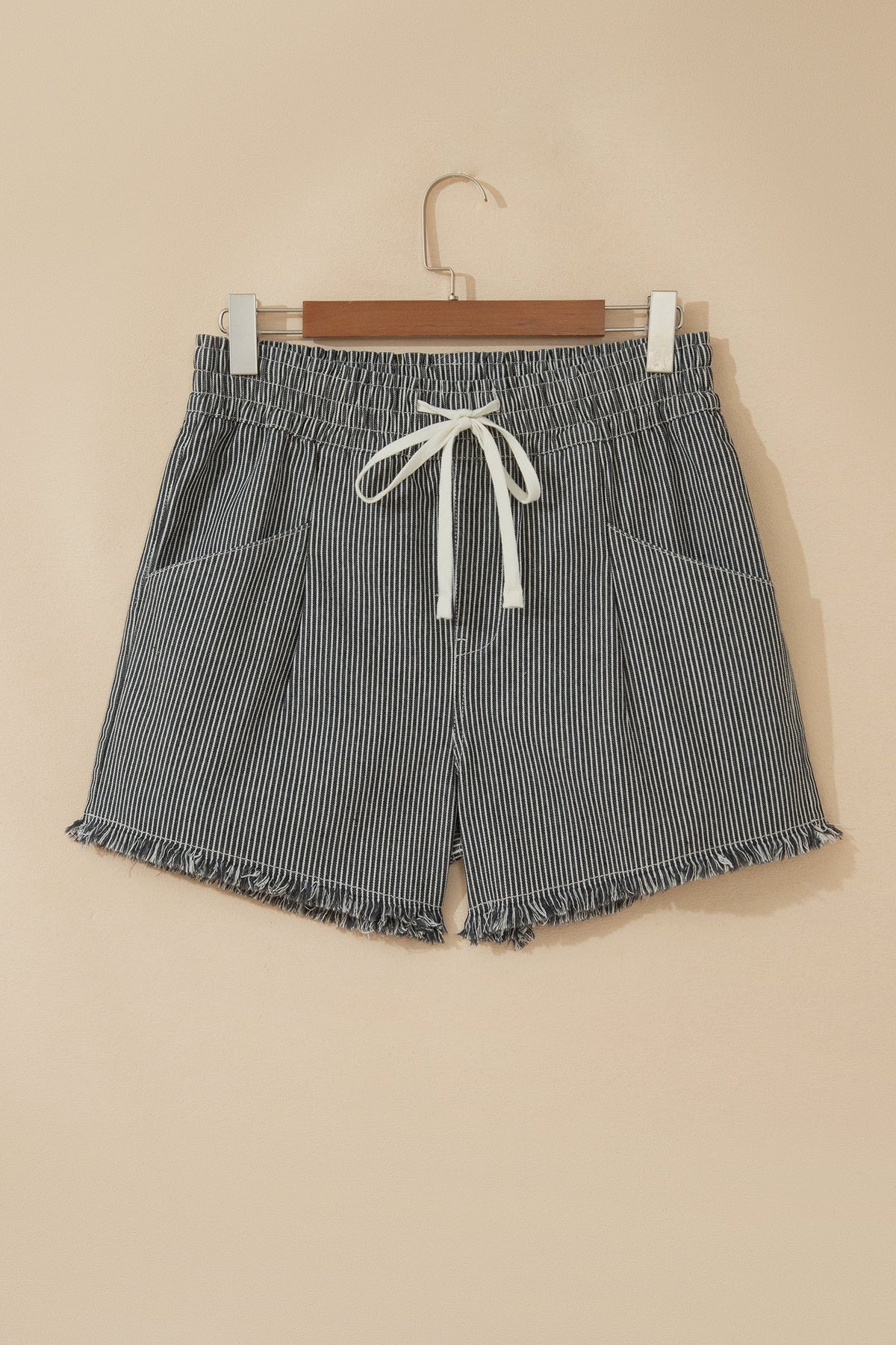 Stripe Denim Raw Edge Drawstring Waist Shorts