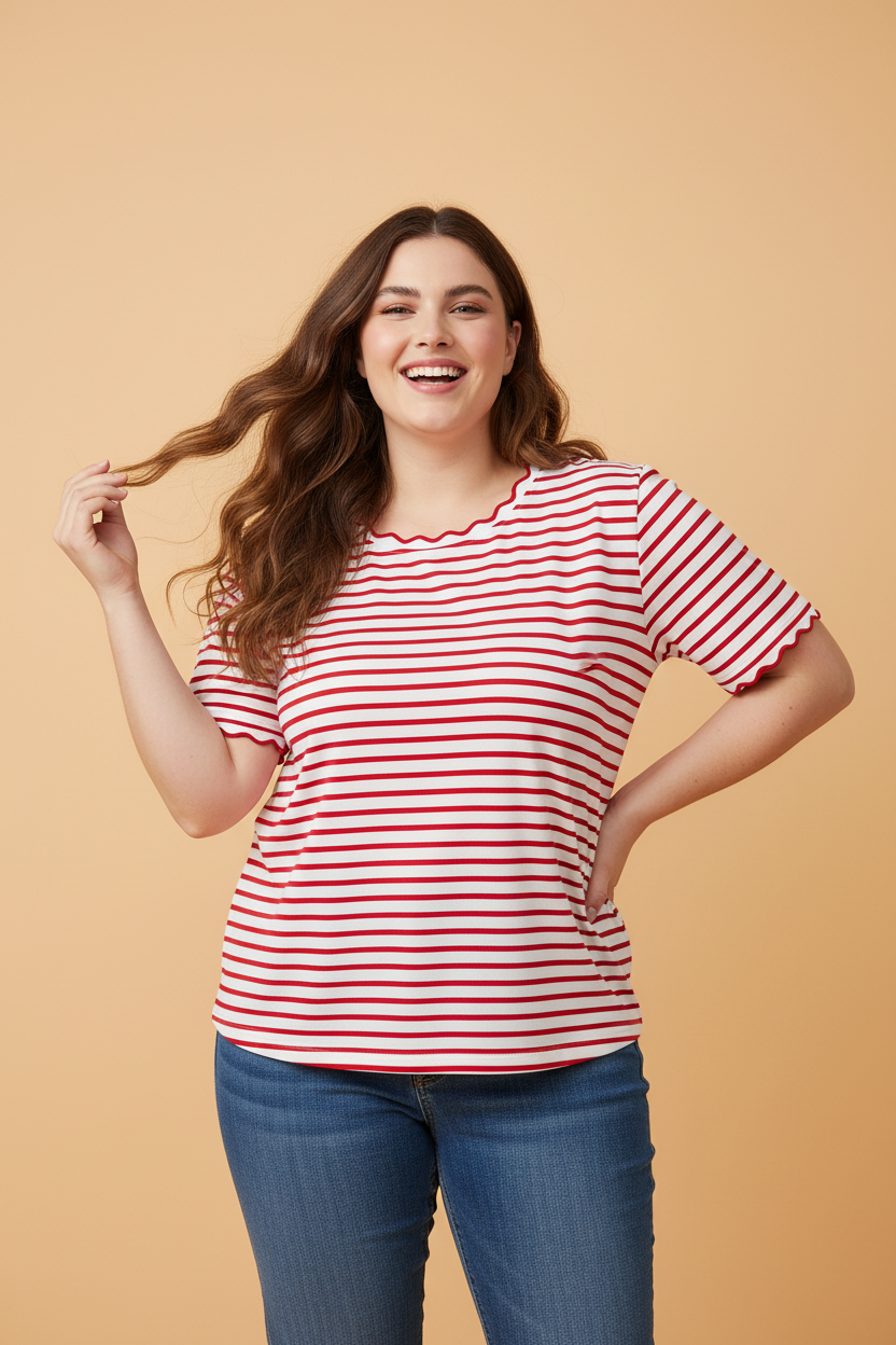 Plus Size Stripe Scalloped Trim Round Neck Top
