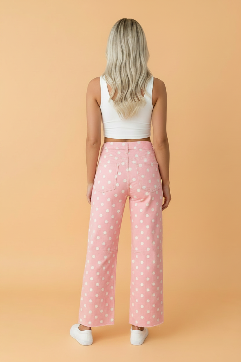 Polka Dot Denim Raw Hem Barrel Jeans