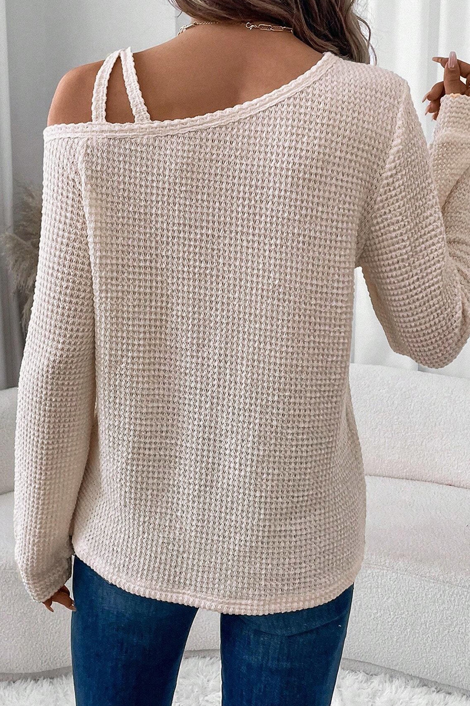 Textured Knit Asymmetric Shoulder Long Sleeve Top