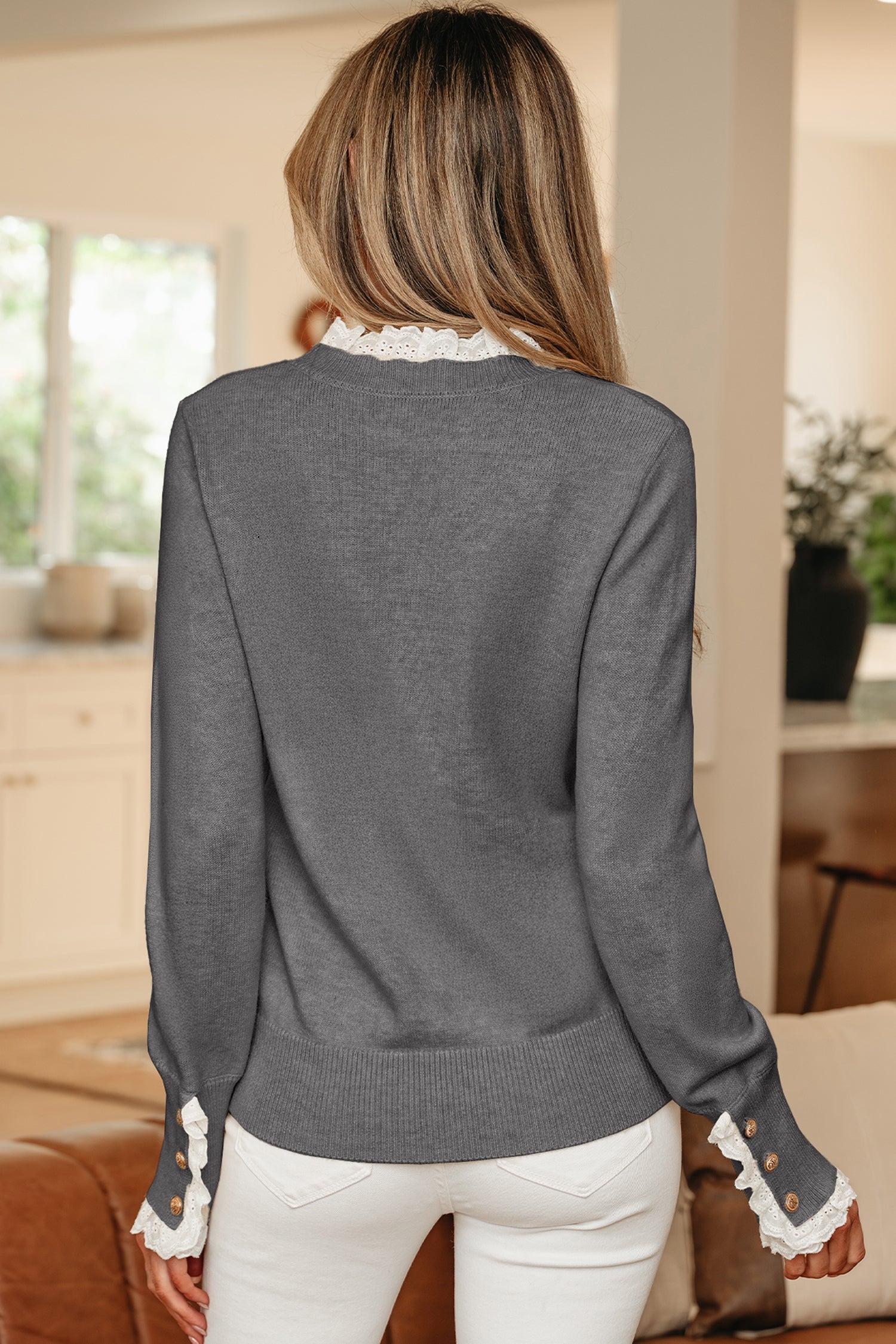 Lace Trim Patchwork Buttoned Cuff Sweater