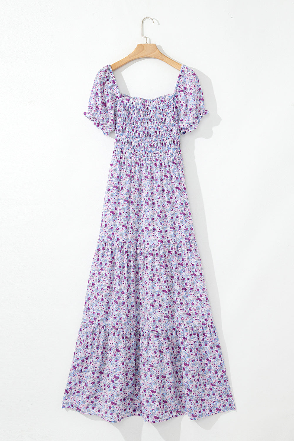 Floral Bubble Sleeve Shirred High Waist Maxi Dress