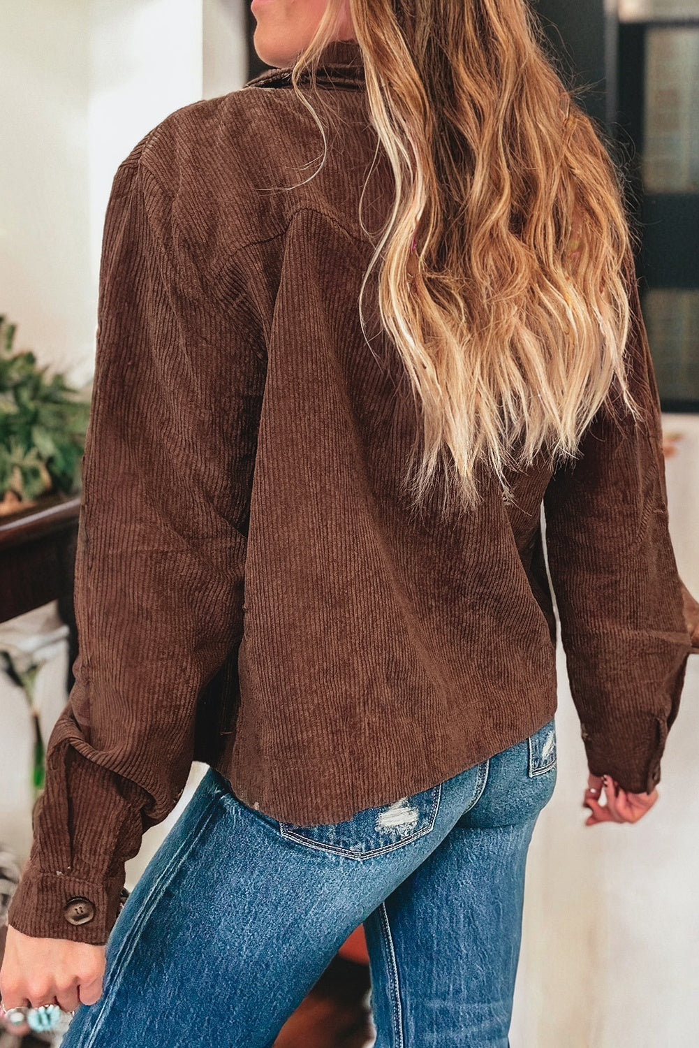 Floral Corduroy Embroidered Button-Front Jacket