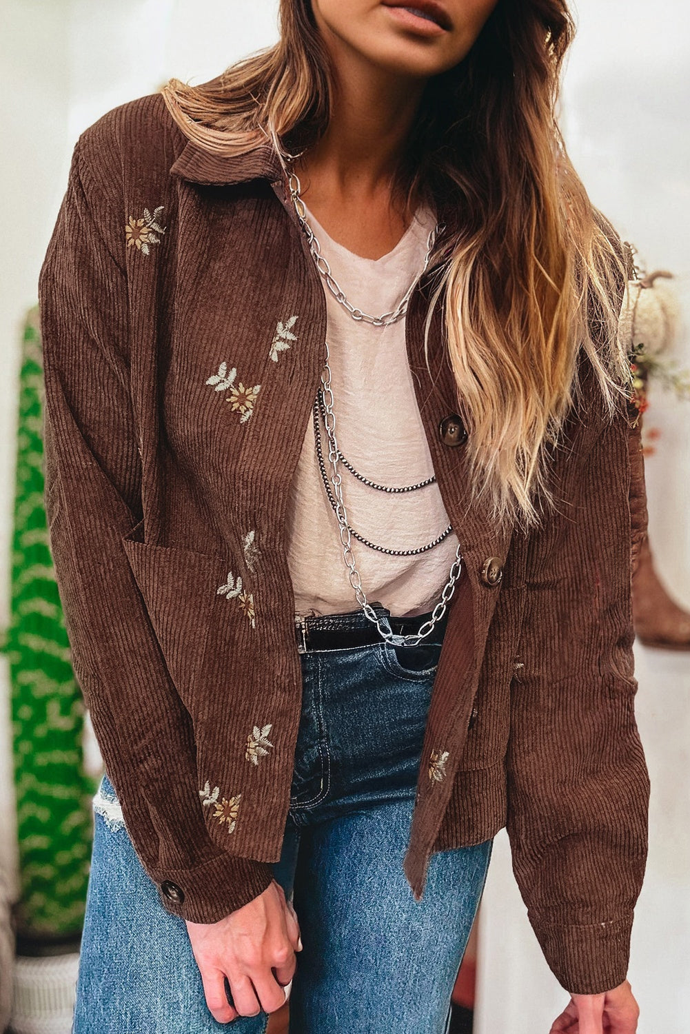 Floral Corduroy Embroidered Button-Front Jacket