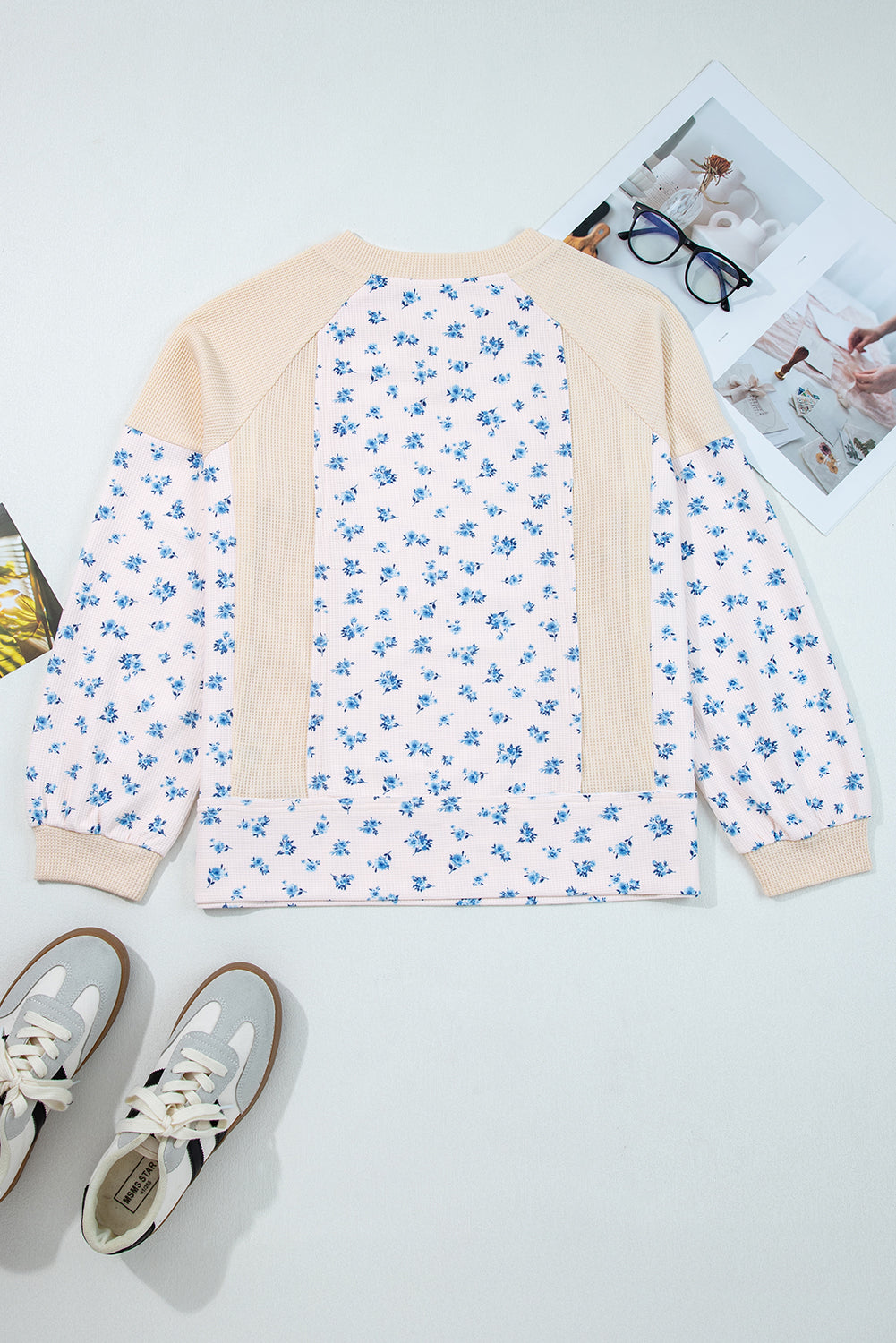Floral Patchwork Waffle Knit Balloon Sleeve Top