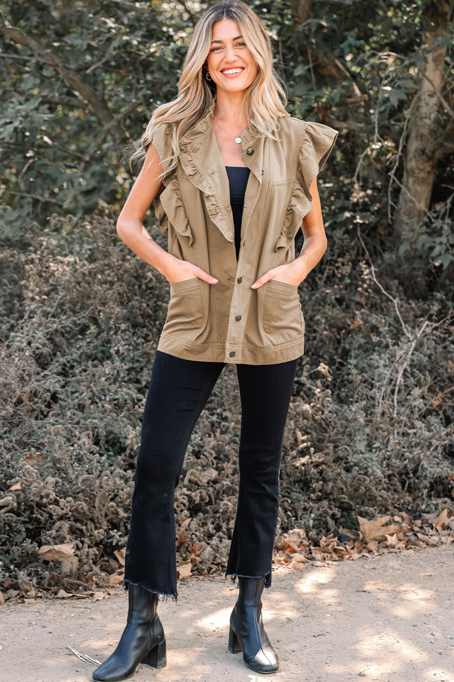 Denim Patchwork Ruffle Sleeve Jacket Vest