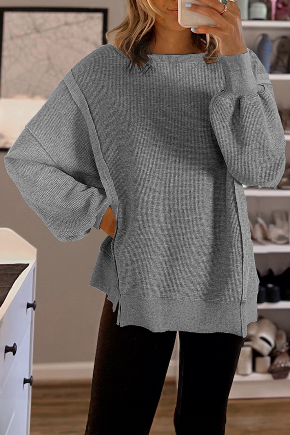 Waffle Knit Bishop Sleeve Side Split Top