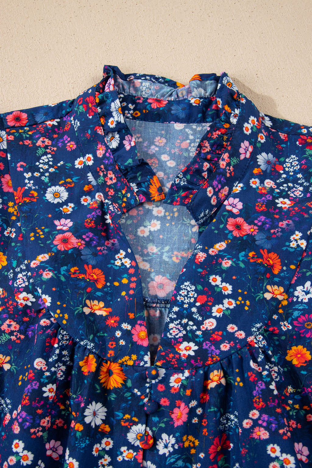Floral Split Neck Puff Sleeve Mini Dress