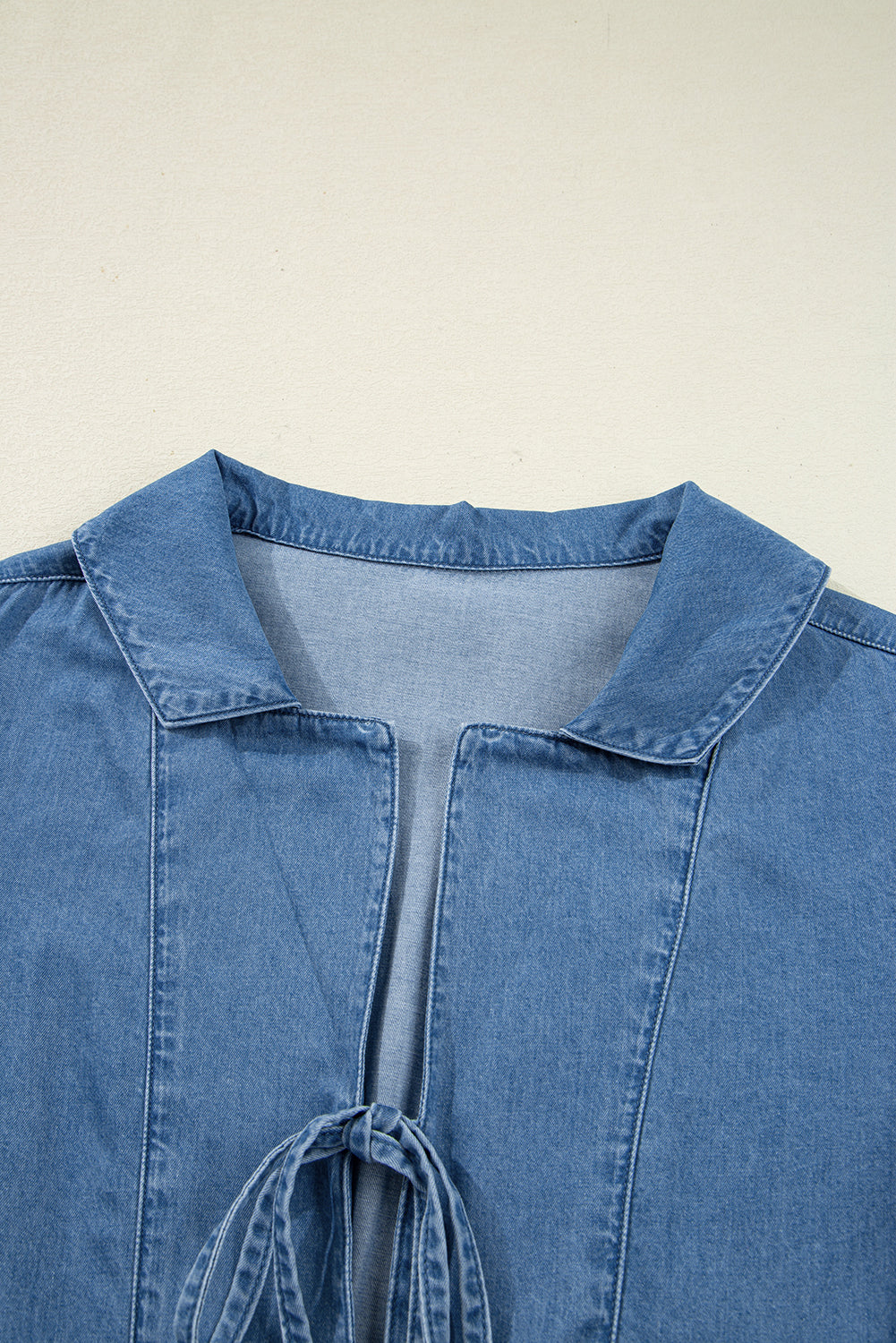 Denim Lapel Collar Balloon Sleeve Peplum Top