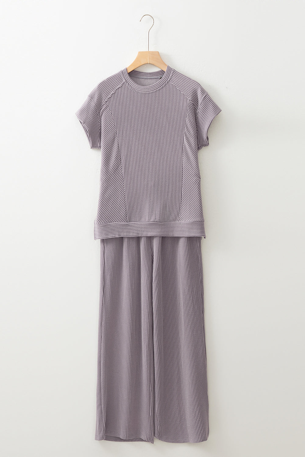 Solid Corded T-Shirt and Pants Set