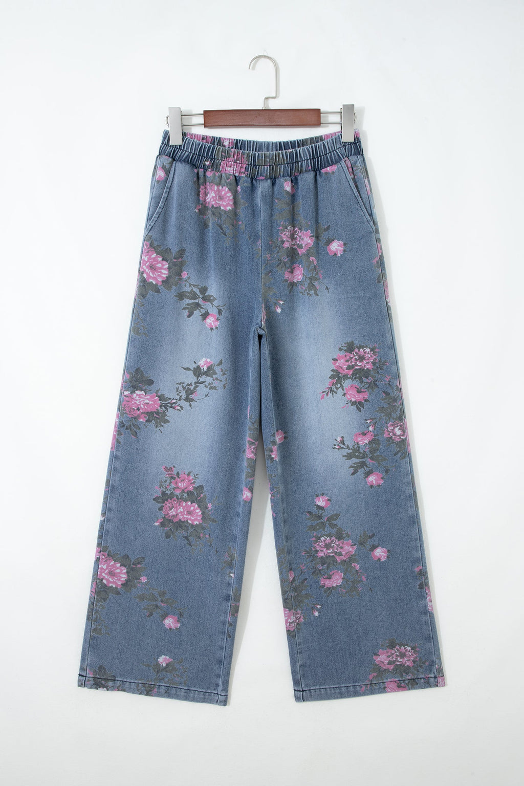 Floral Denim Elastic Waist Straight Leg Jeans