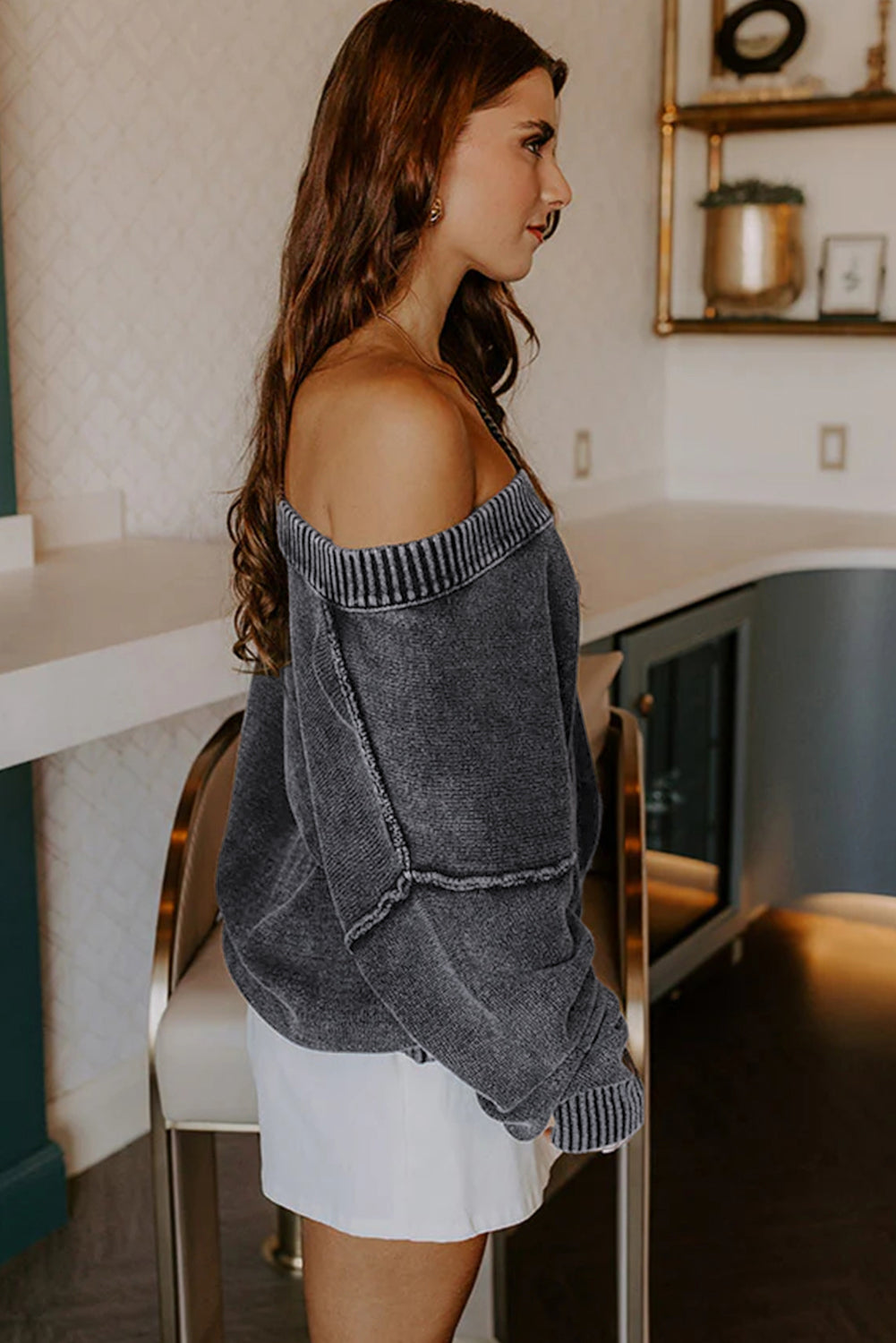 Mineral Wash Reverse Seam V-Neck Drop Shoulder Sweater
