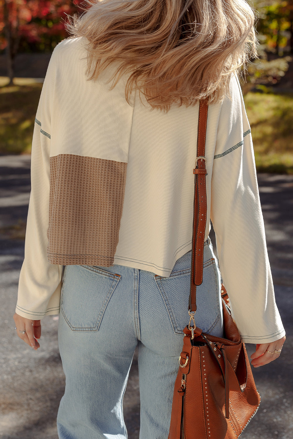 Colorblock Waffle Knit Long Sleeve Top