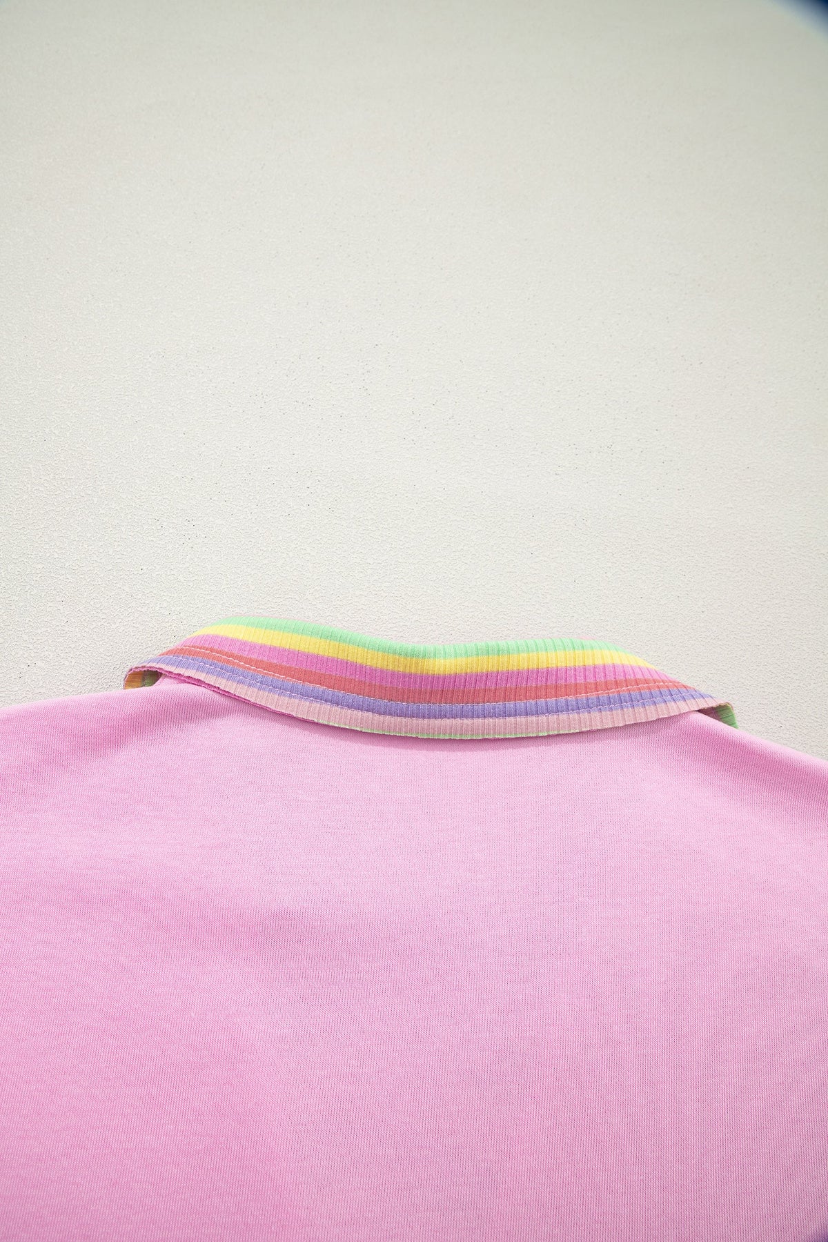 Rainbow Stripe Ribbed Patchwork Oversize Polo Tee