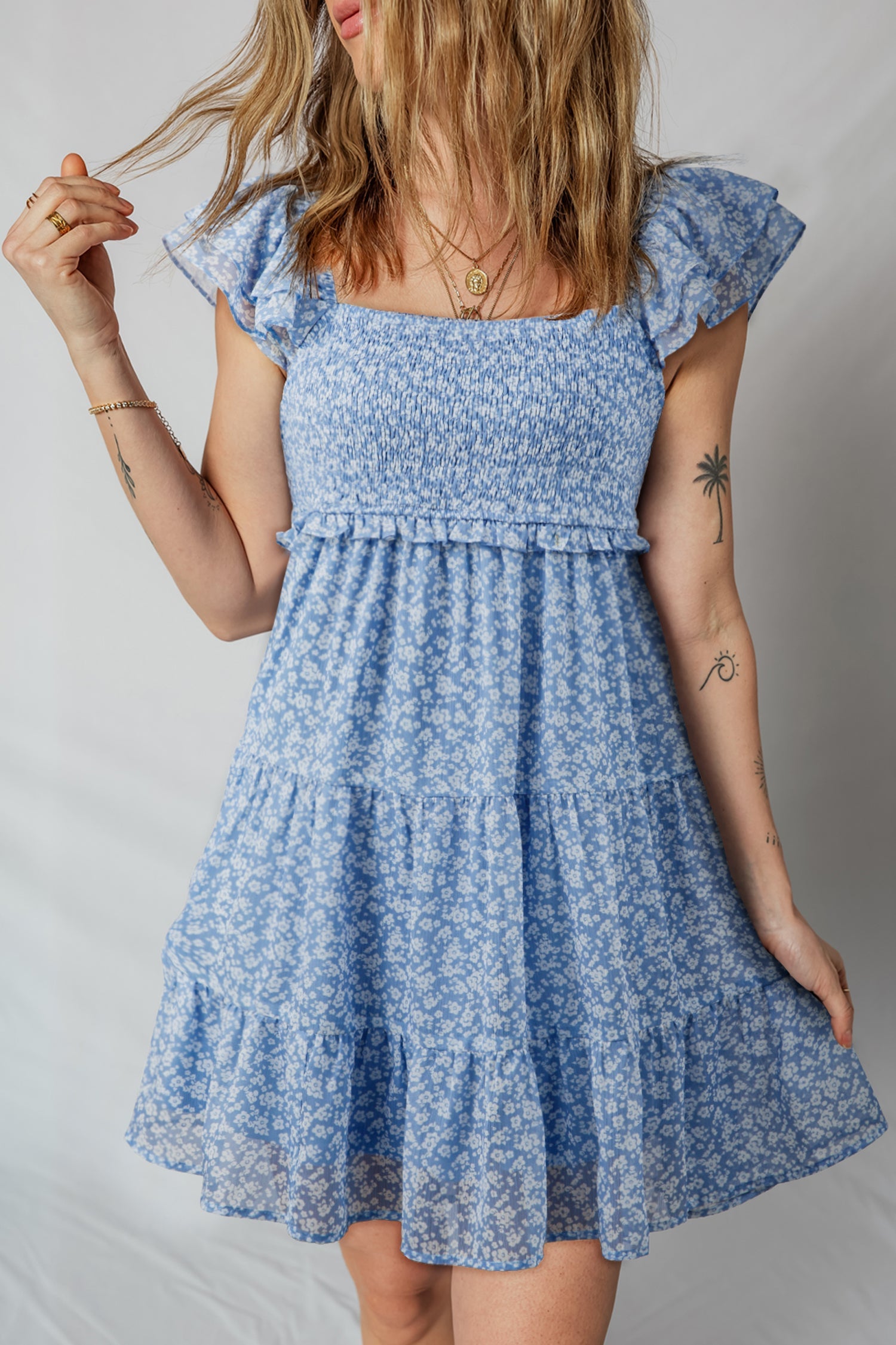 Floral Square Neck Smocked Tiered Mini Dress