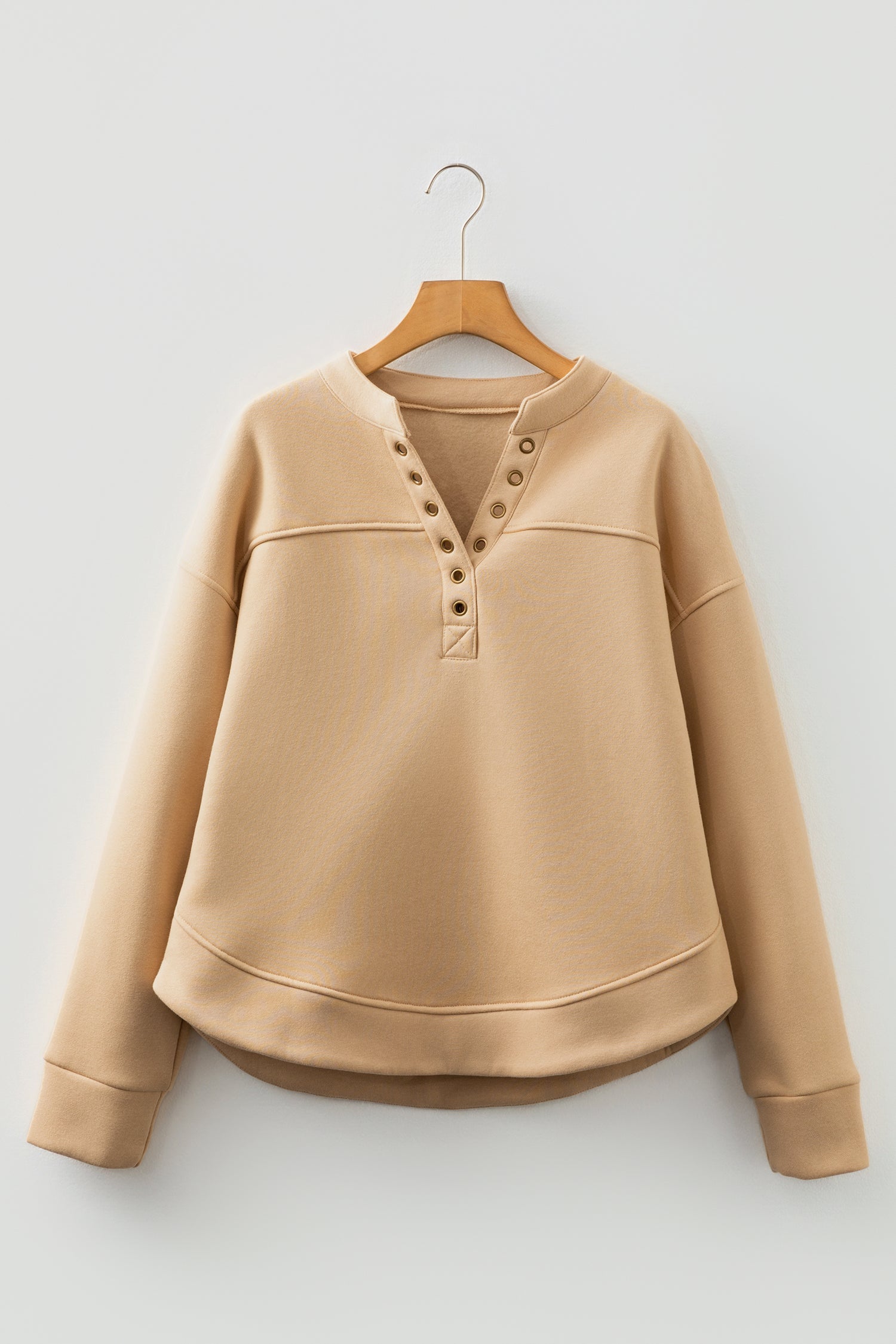 Solid Grommet V-Neck Drop Shoulder Sweatshirt