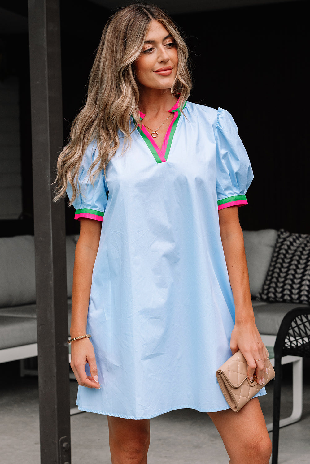 Colorblock Contrast Stripe V-Neck Puff Sleeve Mini Dress