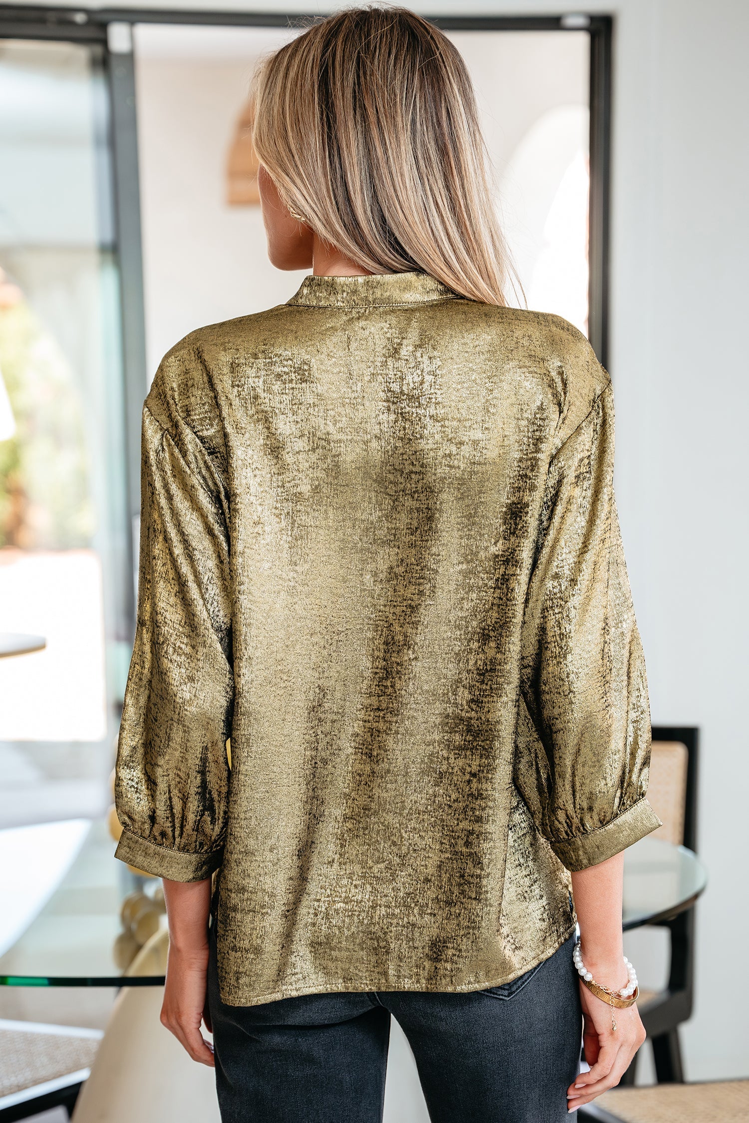 Metallic Split Neck 3/4 Sleeve Blouse
