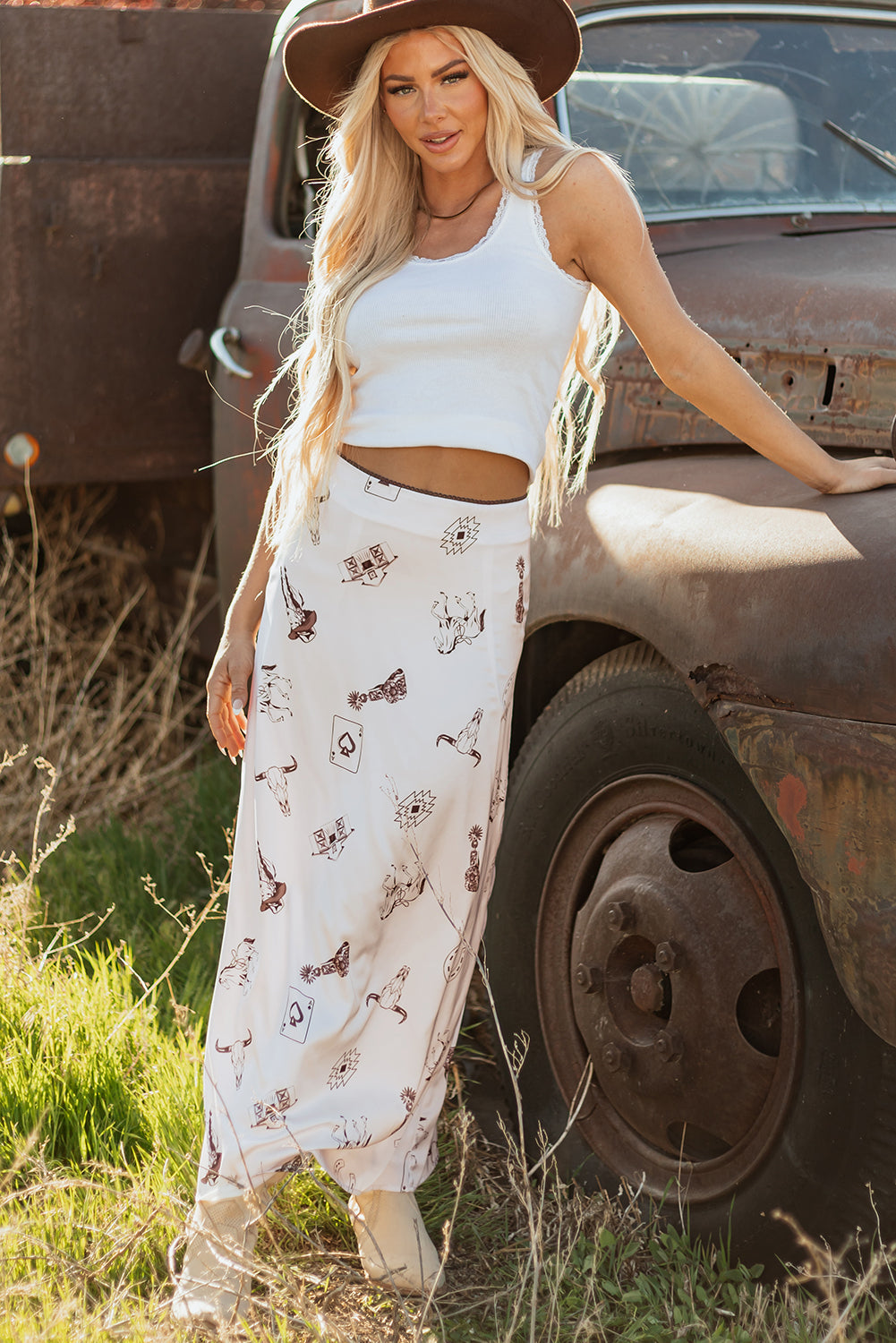 Western Lace Trim High Waist Maxi Skirt