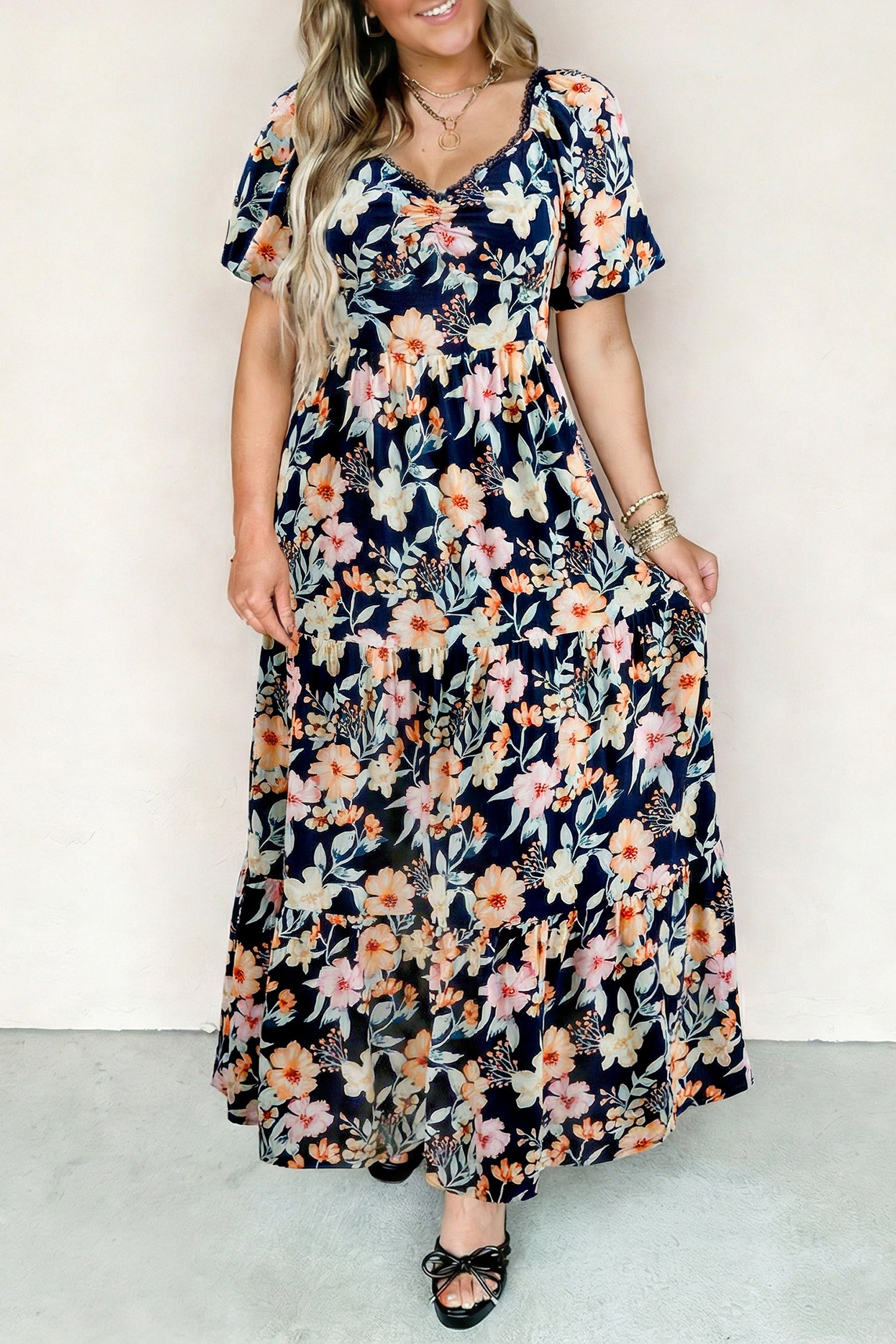 Floral Short Sleeve Smocked High Waist Maxi Dress