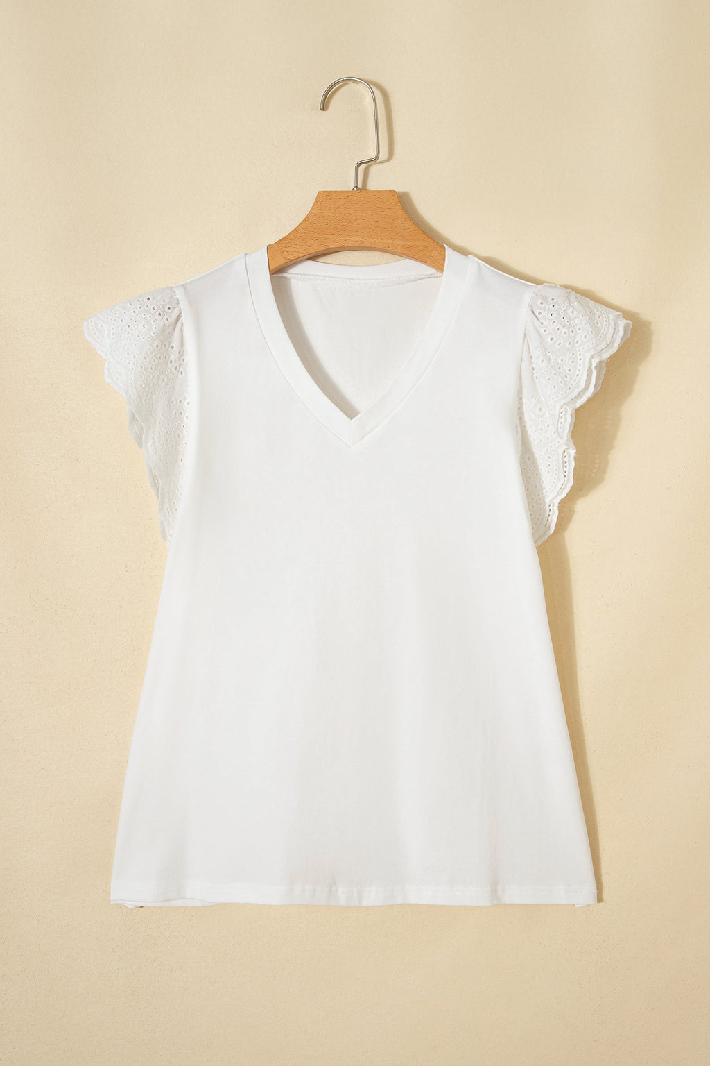 Eyelet Embroidered Flutter Sleeve Patchwork V-Neck Tee