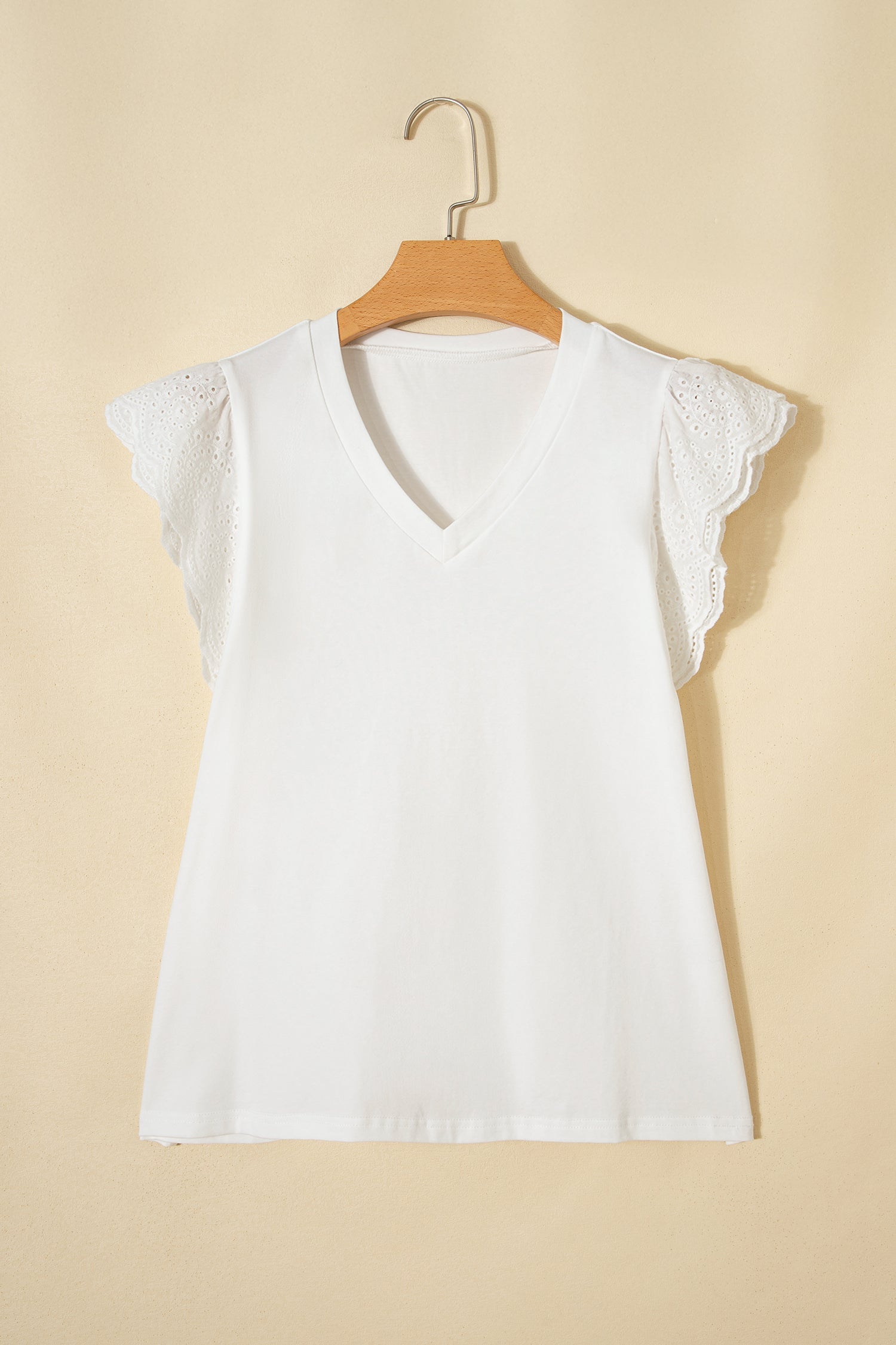 Eyelet Embroidered Flutter Sleeve Patchwork V-Neck Tee