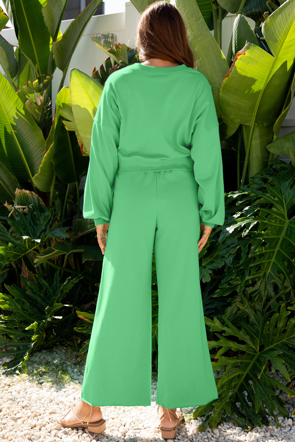 Solid Puff Sleeve Top and Drawstring Pants Set