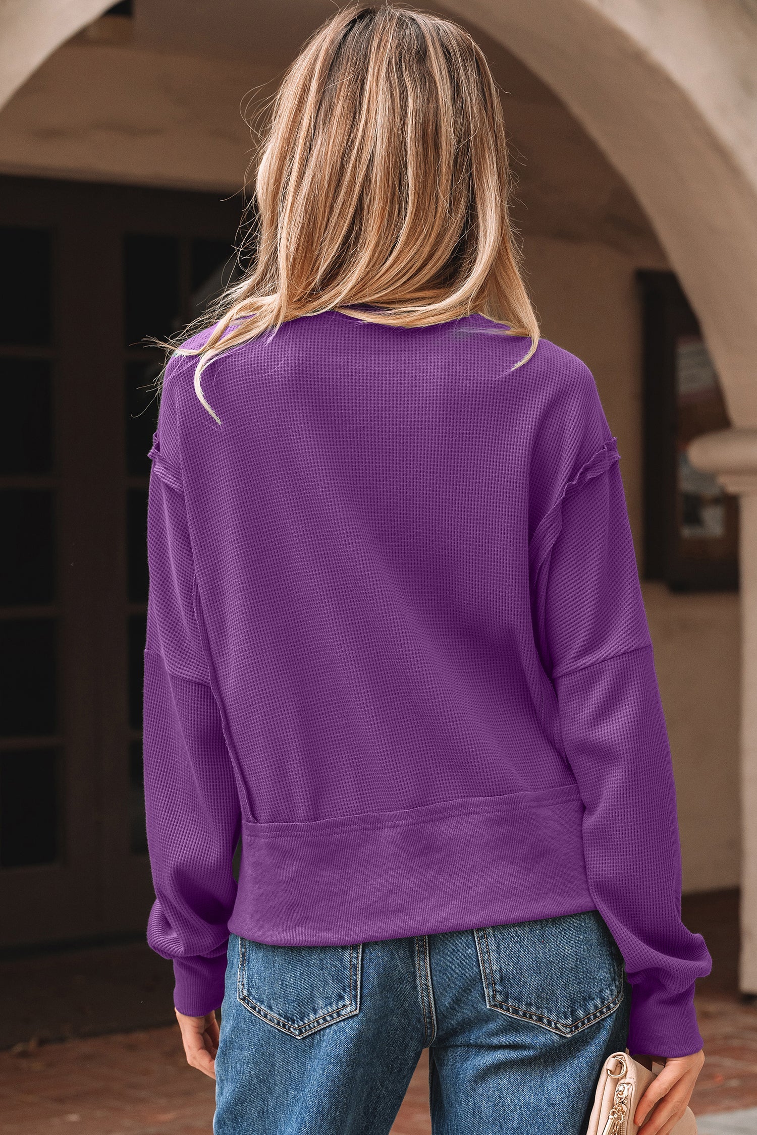 Solid Ribbed Raw Seam Patchwork Drop Shoulder Sweatshirt