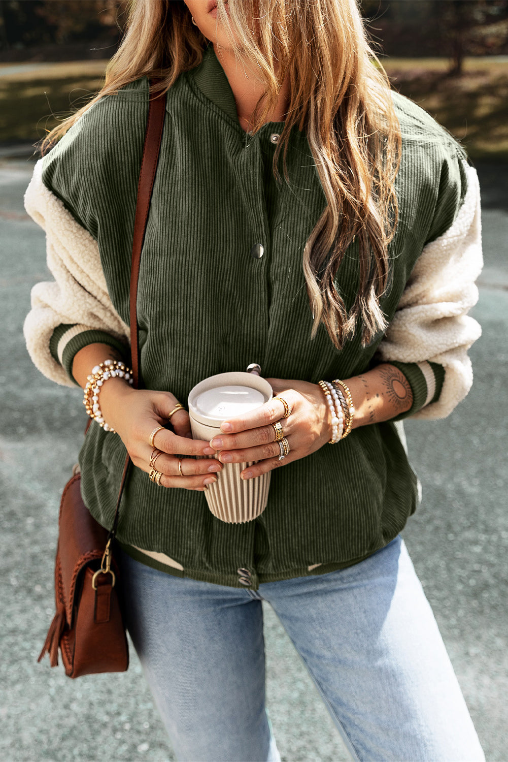 Colorblock Corduroy Fleece Patchwork Button-Up Bomber Jacket
