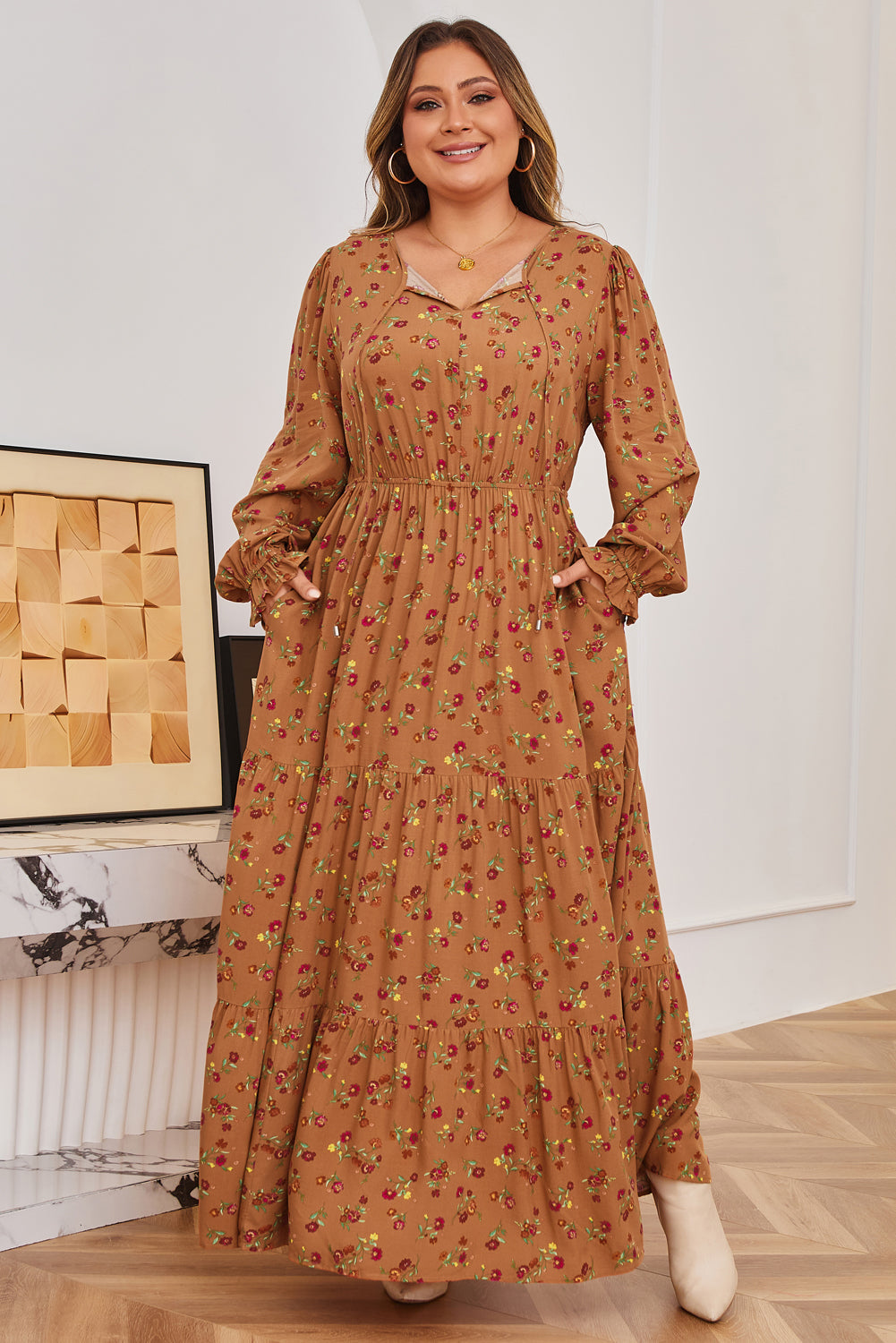 Plus Size Floral V-Neck Ruffle Sleeve Tiered Dress
