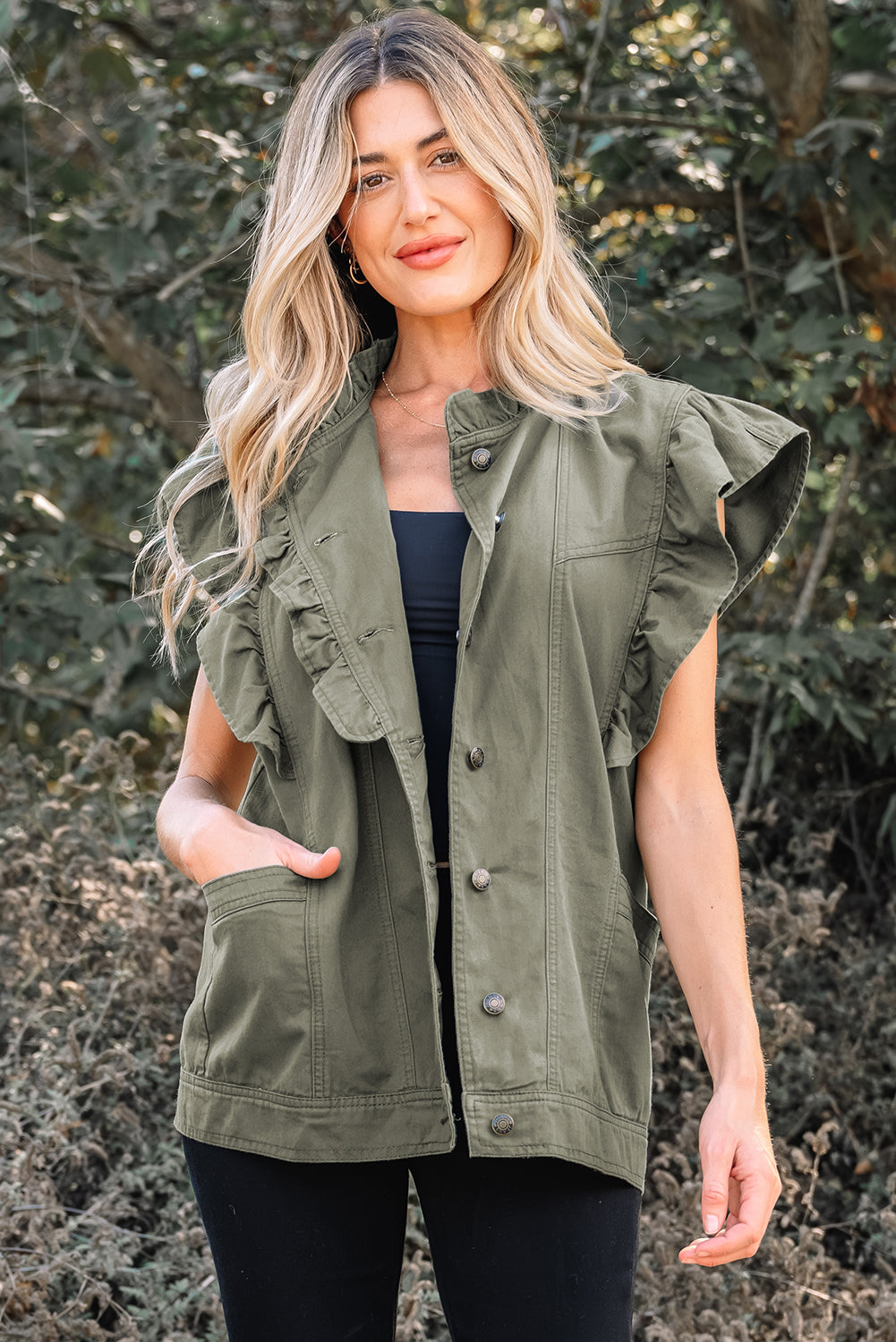 Denim Patchwork Ruffle Sleeve Jacket Vest