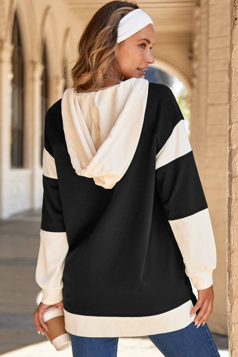 Waffle Knit Colorblock Patchwork Buttoned Hoodie
