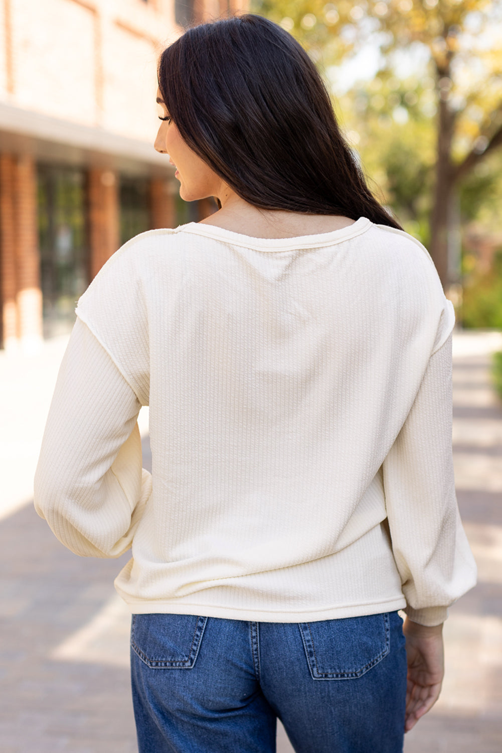 Corded Knit Reverse Seam Patchwork Drop Sleeve Top