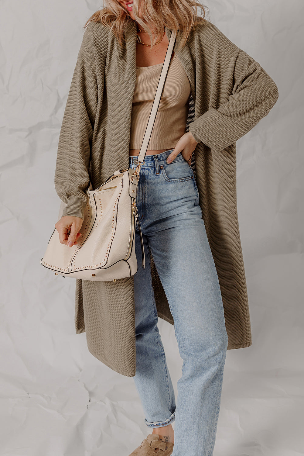 Solid Textured Knit Open-Front Sweater Cardigan