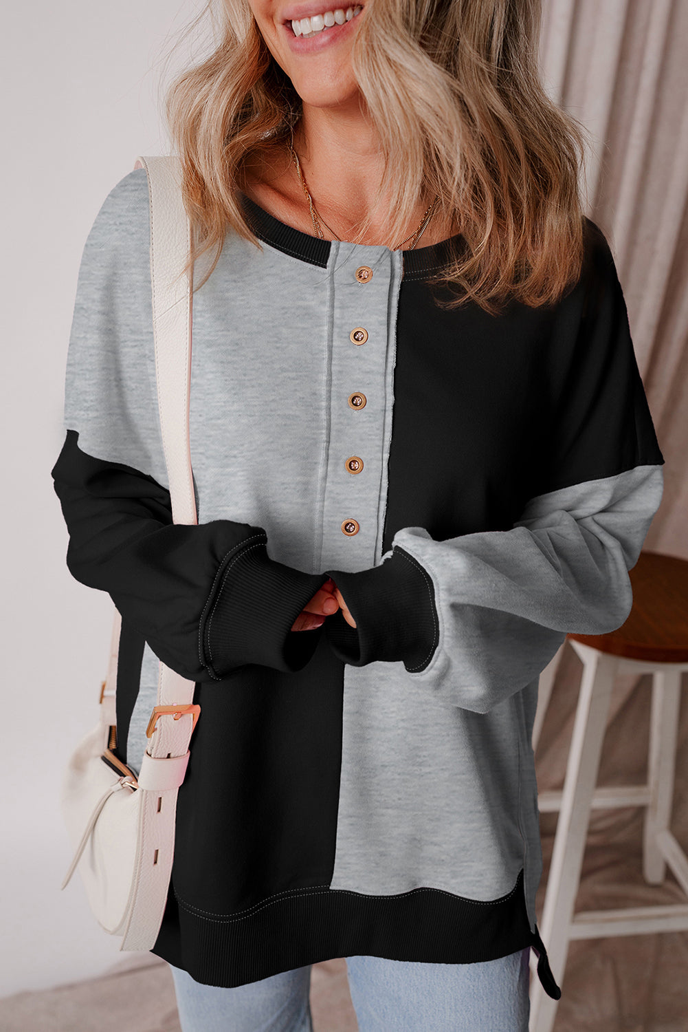 Colorblock Crewneck Henley Sweatshirt
