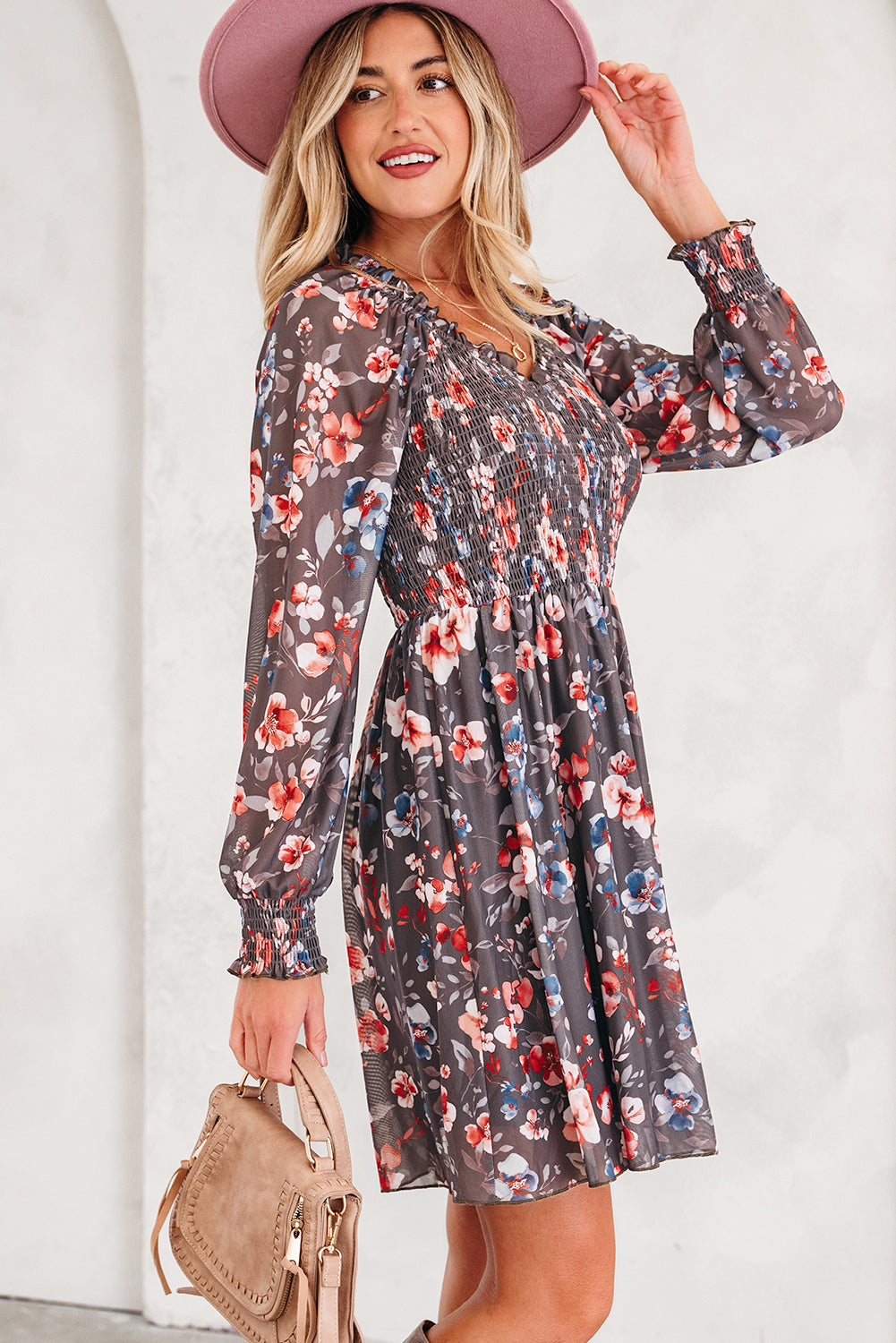 Floral Mesh Long Sleeve Mini Dress