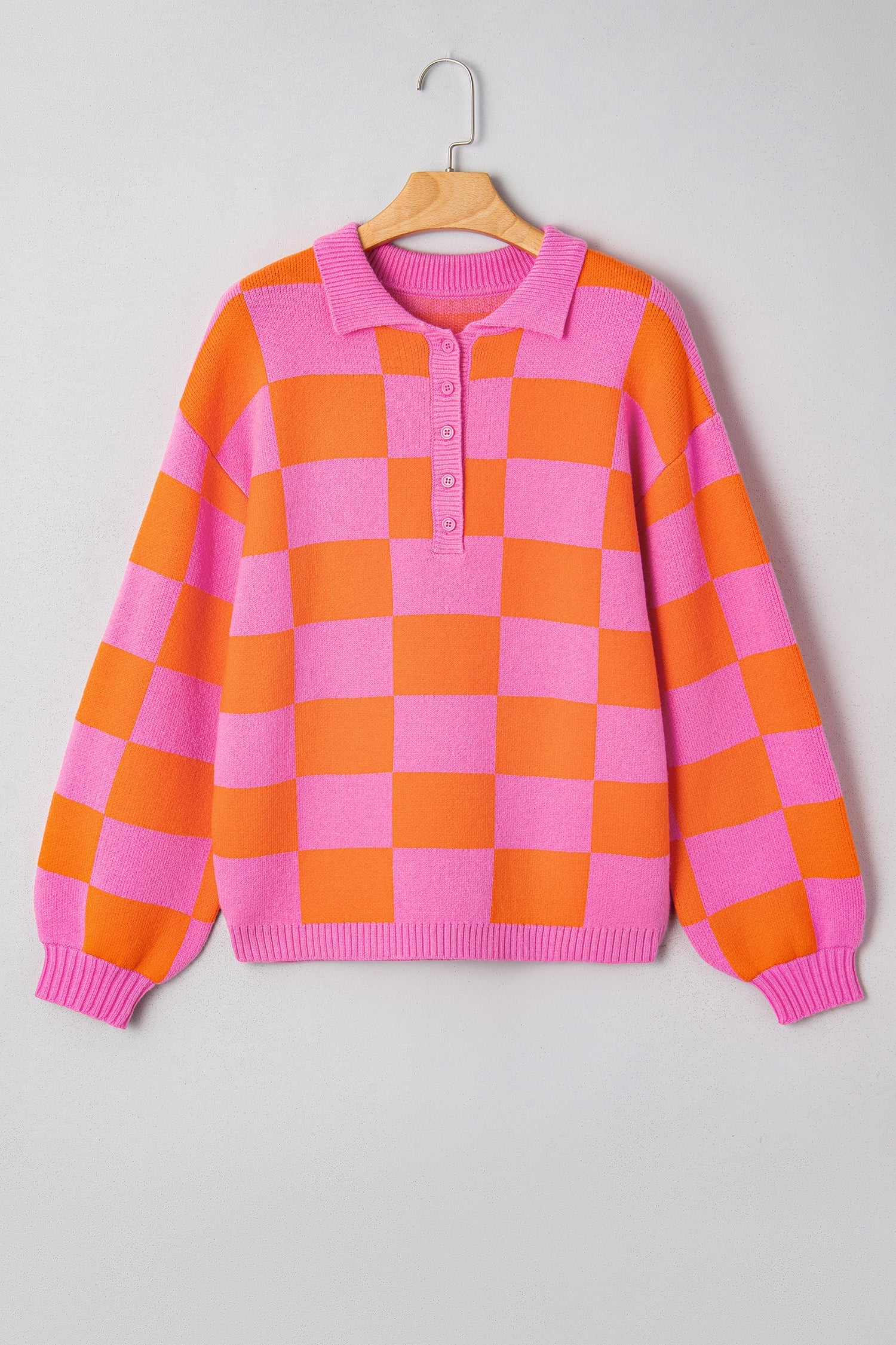 Checker Polo Collar Baggy Knit Sweater