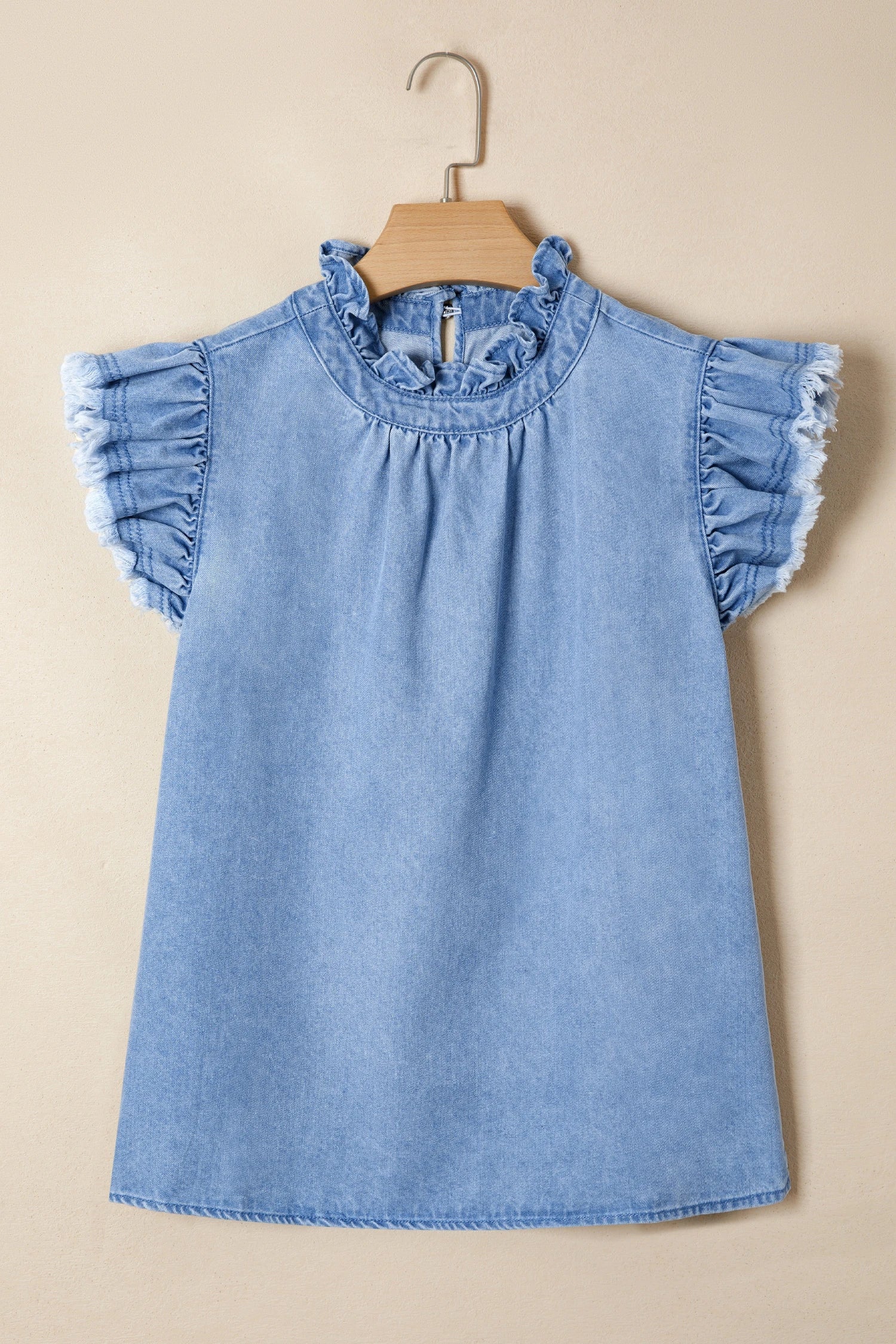 Denim Frilled Collar Flutter Sleeve Top