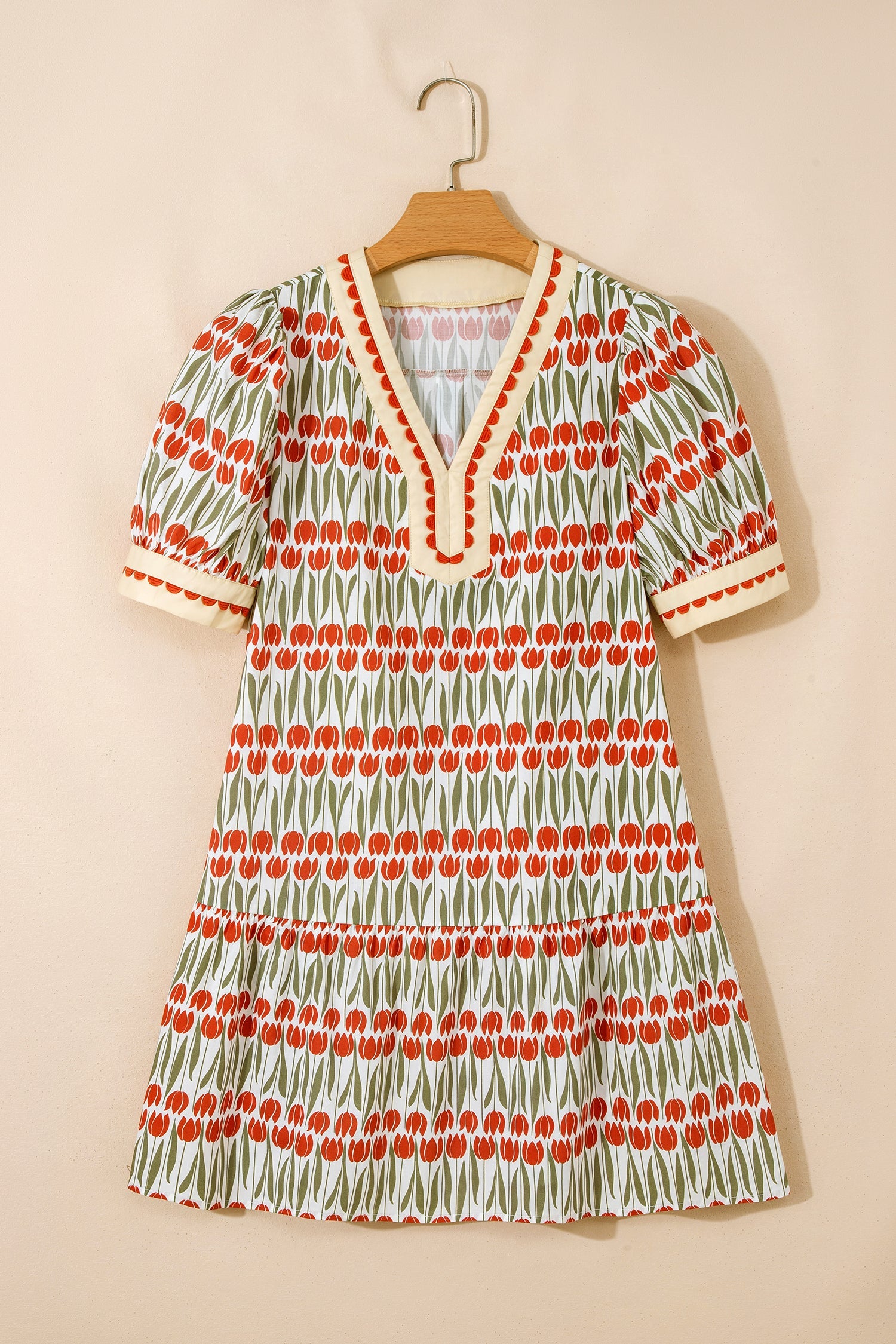 Floral Tulip Stripe Short Puff Sleeve Mini Dress
