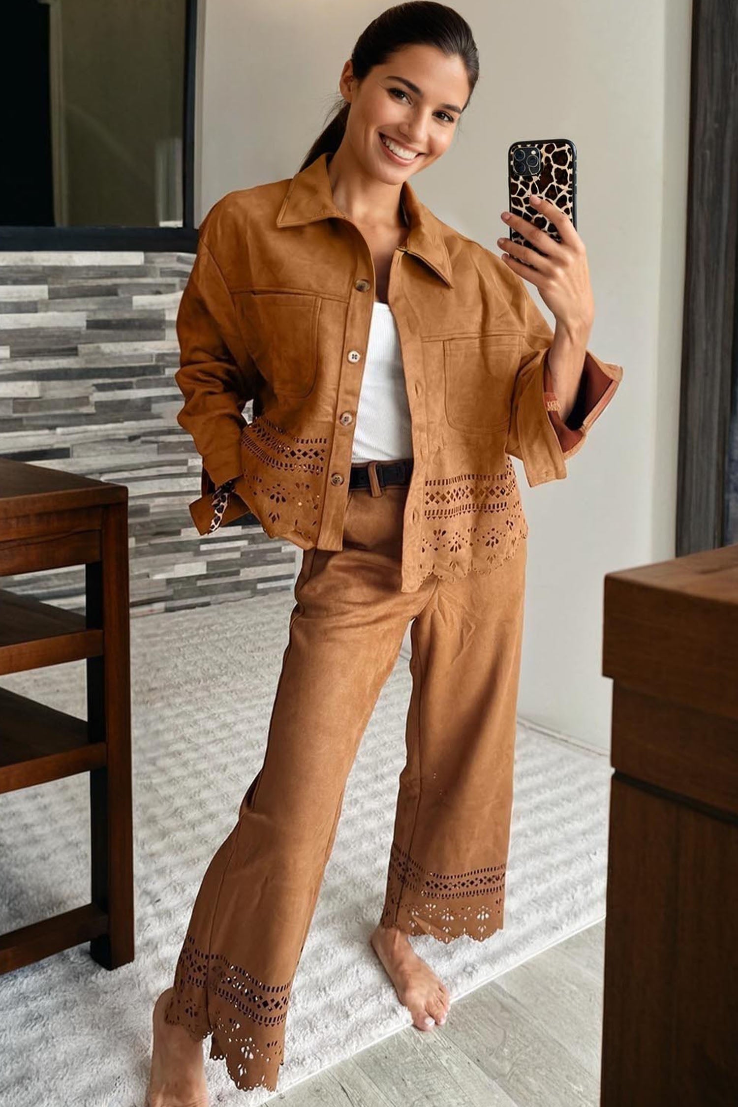 Solid Faux Suede Hollowed Jacket