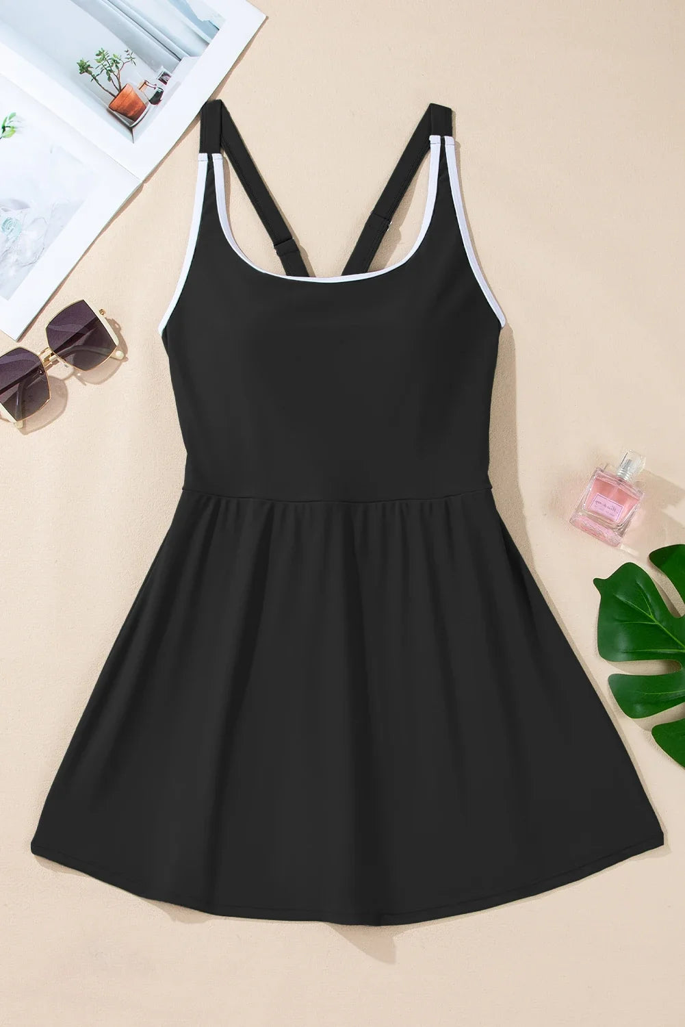 Contrast Trim Ruffle High Waist Swim Dress