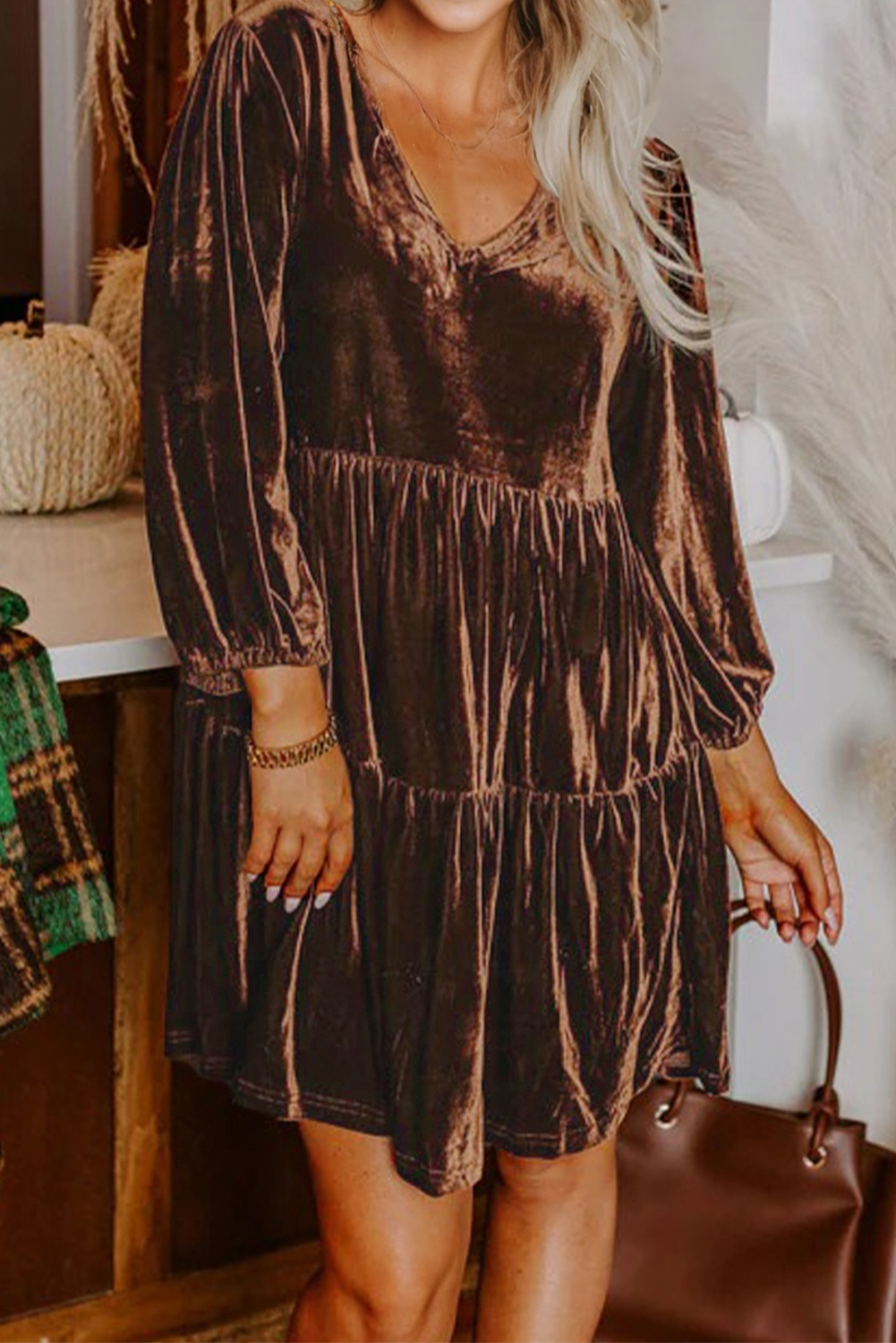 Velvet V-Neck Long Sleeve Tiered Mini Dress