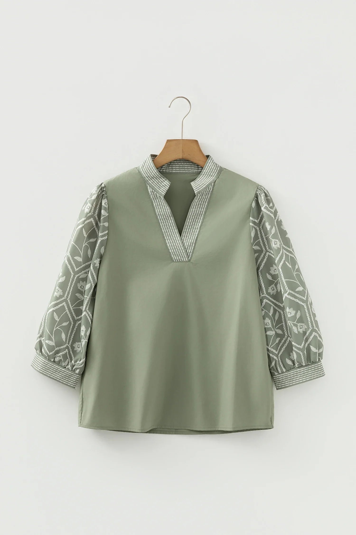 Floral Patchwork Contrast V-Neck Puff Sleeve Blouse