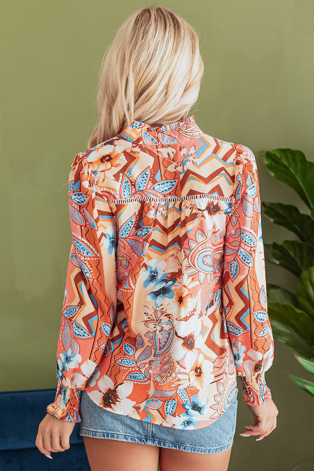 Floral Button-Up Shirred Cuff Shirt