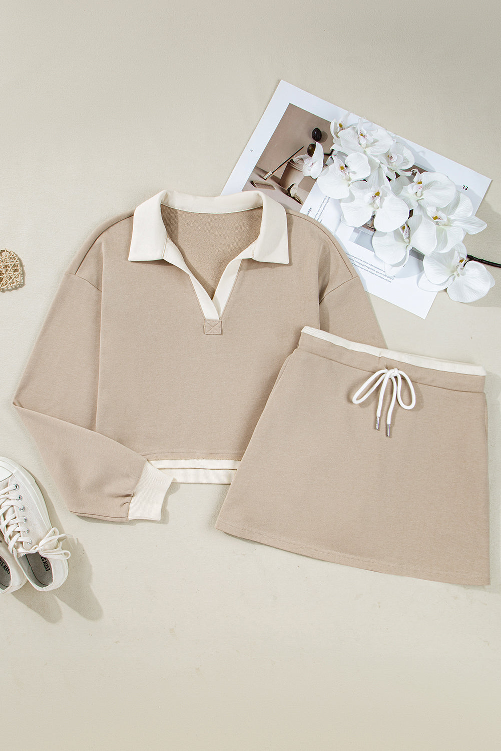 Colorblock Raw Edge Pullover and Drawstring Skirt Set