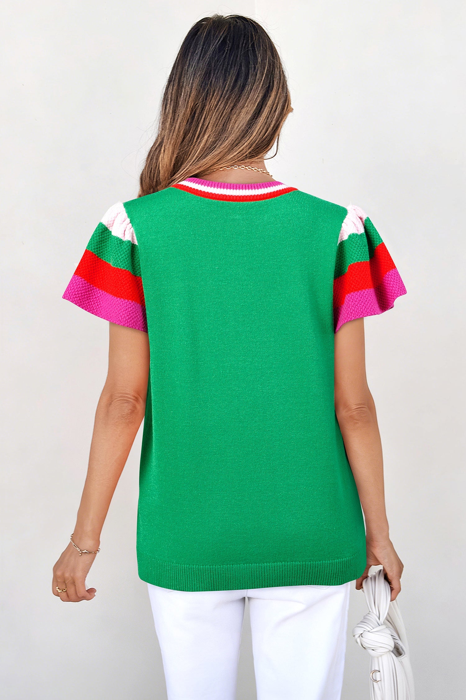 Lucky Stripe Flutter Sleeve Round Neck Sweater