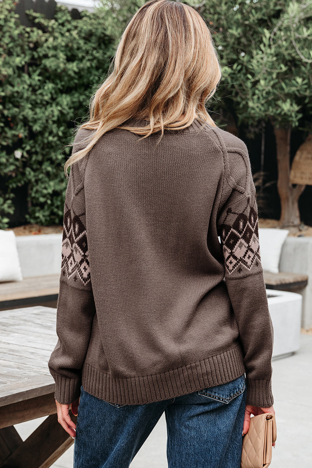 Western Geometric Knit Crew Neck Sweater