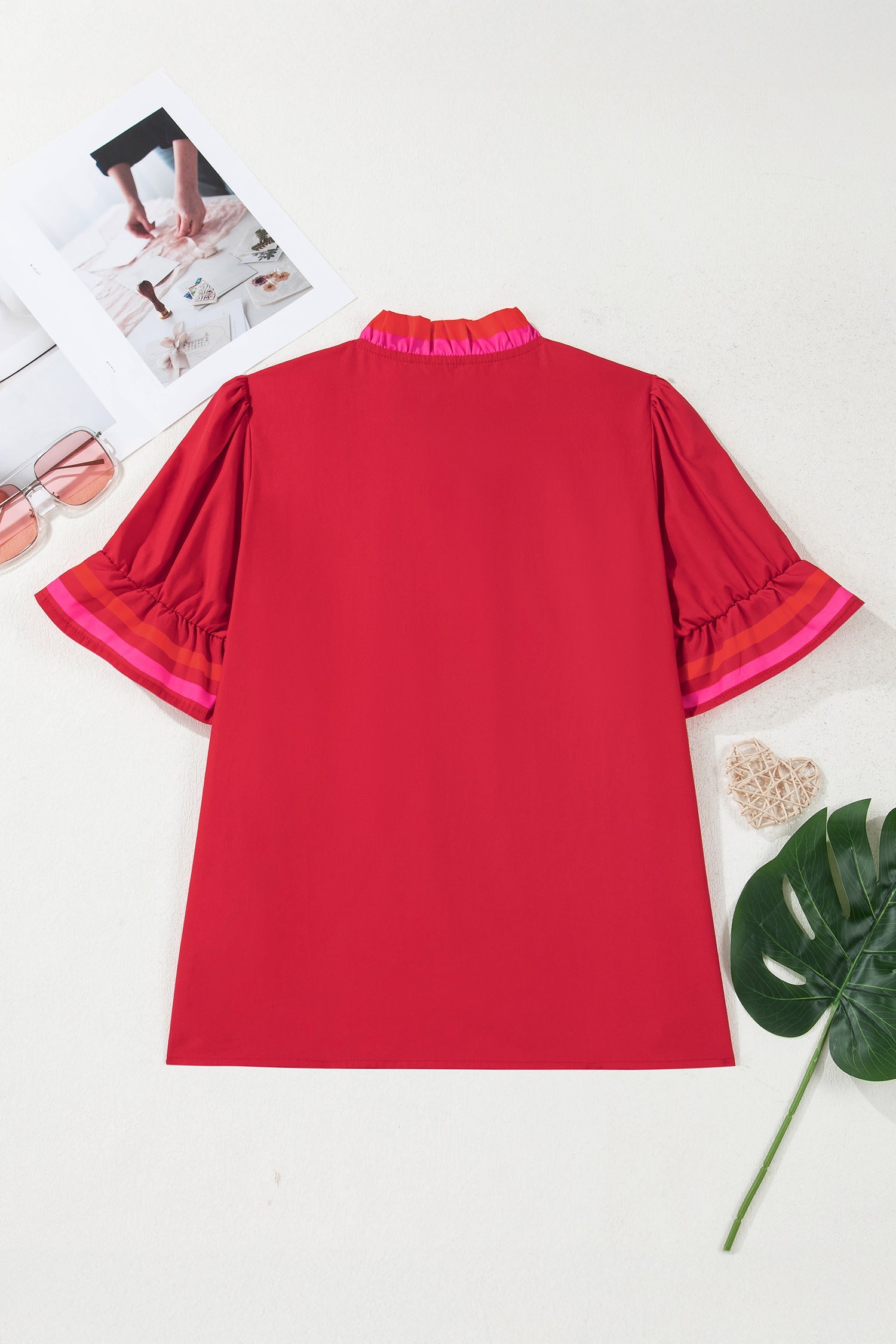 Stripe Frilled V-Neck Ruffle Short Sleeve Blouse