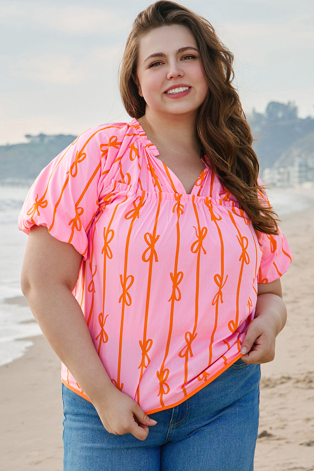 Plus Size Bow Tie V-Neck Puff Sleeve Blouse